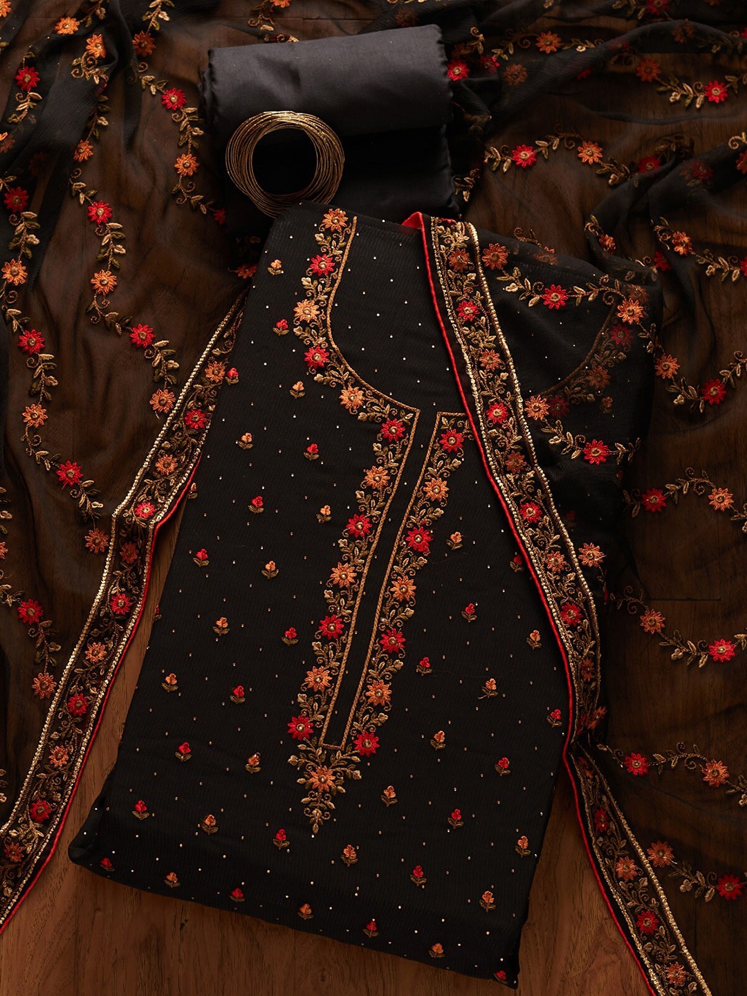 

Koskii Black & Red Embroidered Unstitched Dress Material