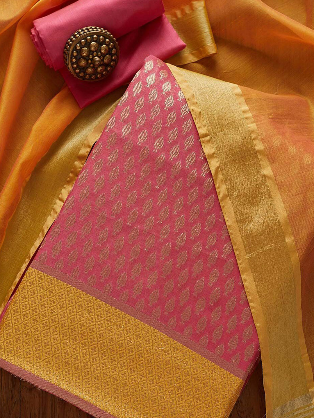 

Koskii Pink & Yellow Art Silk Unstitched Dress Material