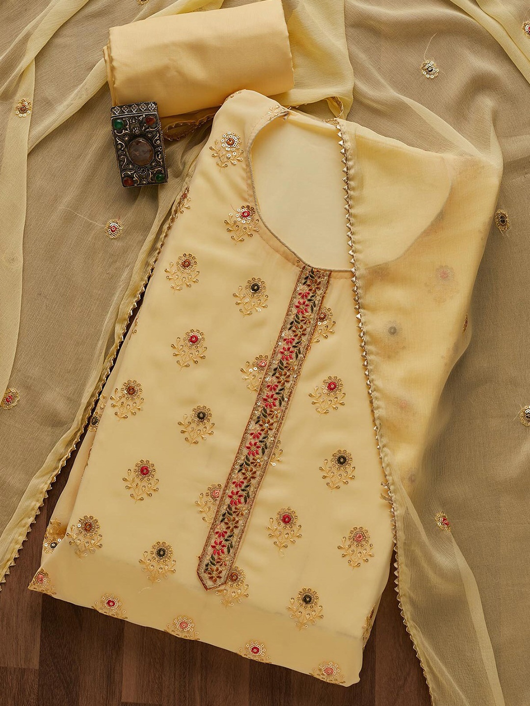 

Koskii Women Yellow & Red Embroidered Unstitched Dress Material