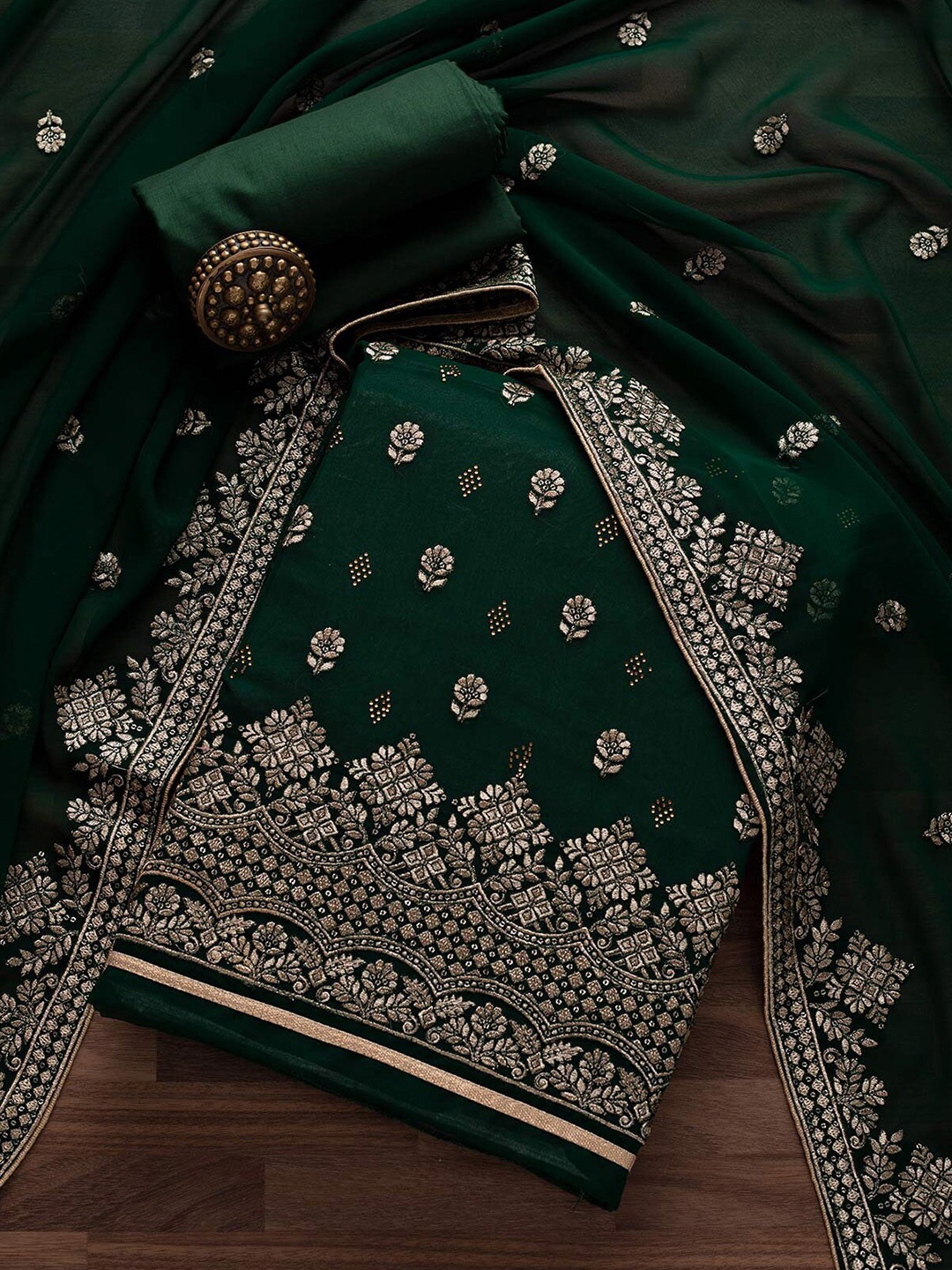 

Koskii Green & Gold-Toned Embroidered Unstitched Dress Material