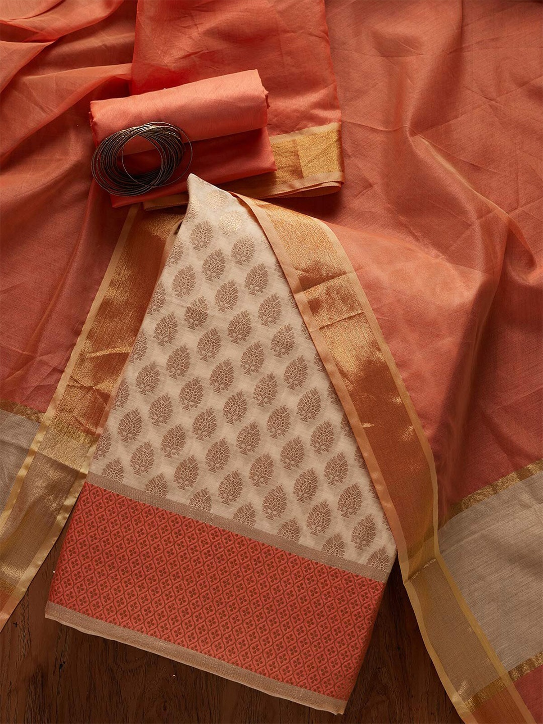 

Koskii Gold-Toned & Orange Embroidered Art Silk Unstitched Dress Material