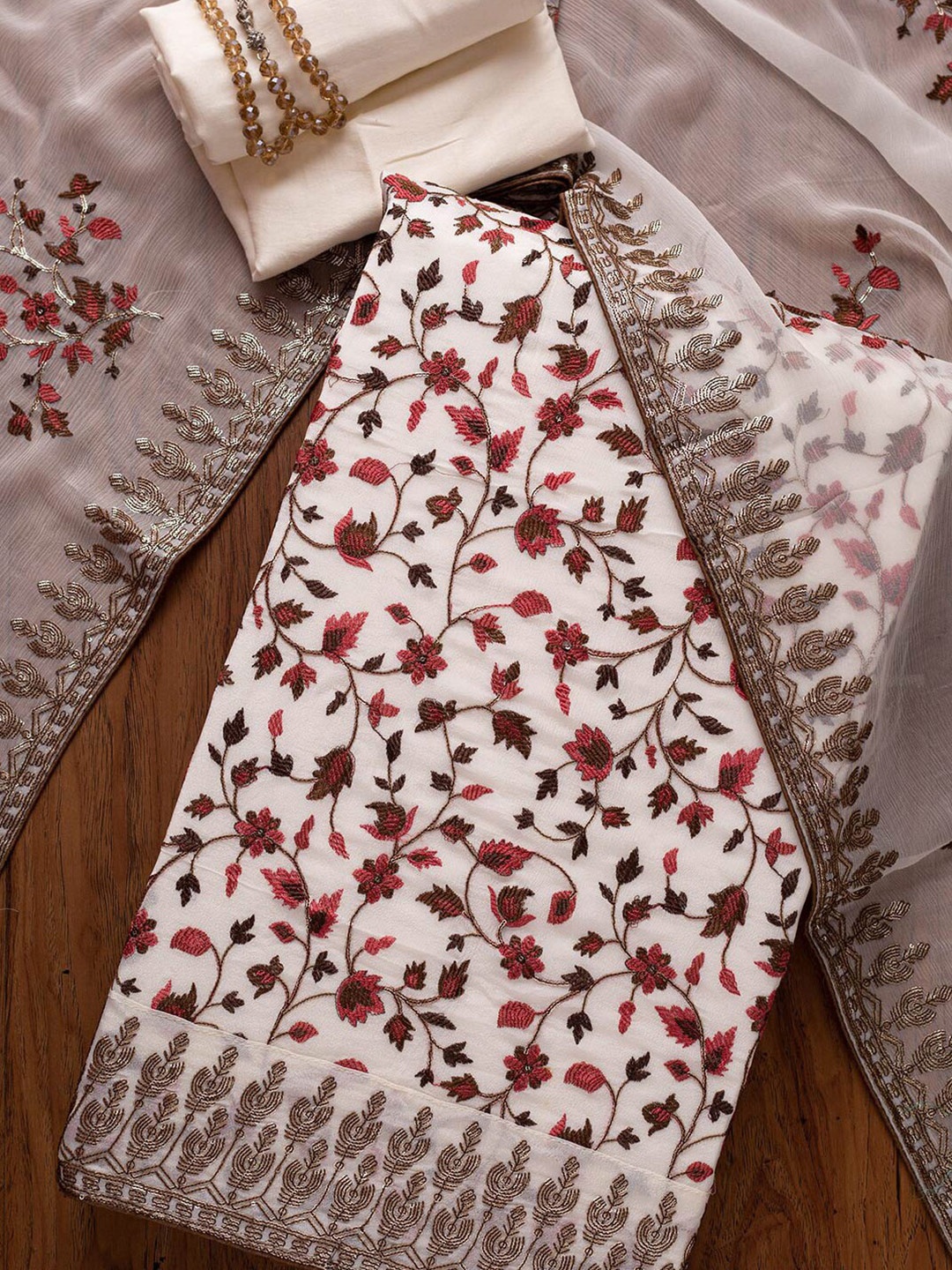 

Koskii Women Cream-Coloured & Red Embroidered Unstitched Dress Material
