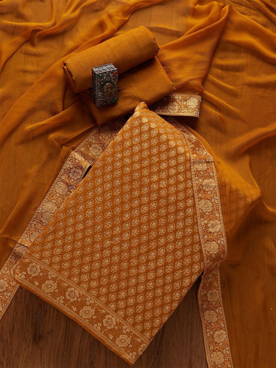

Koskii Mustard & White Embroidered Art Silk Unstitched Dress Material