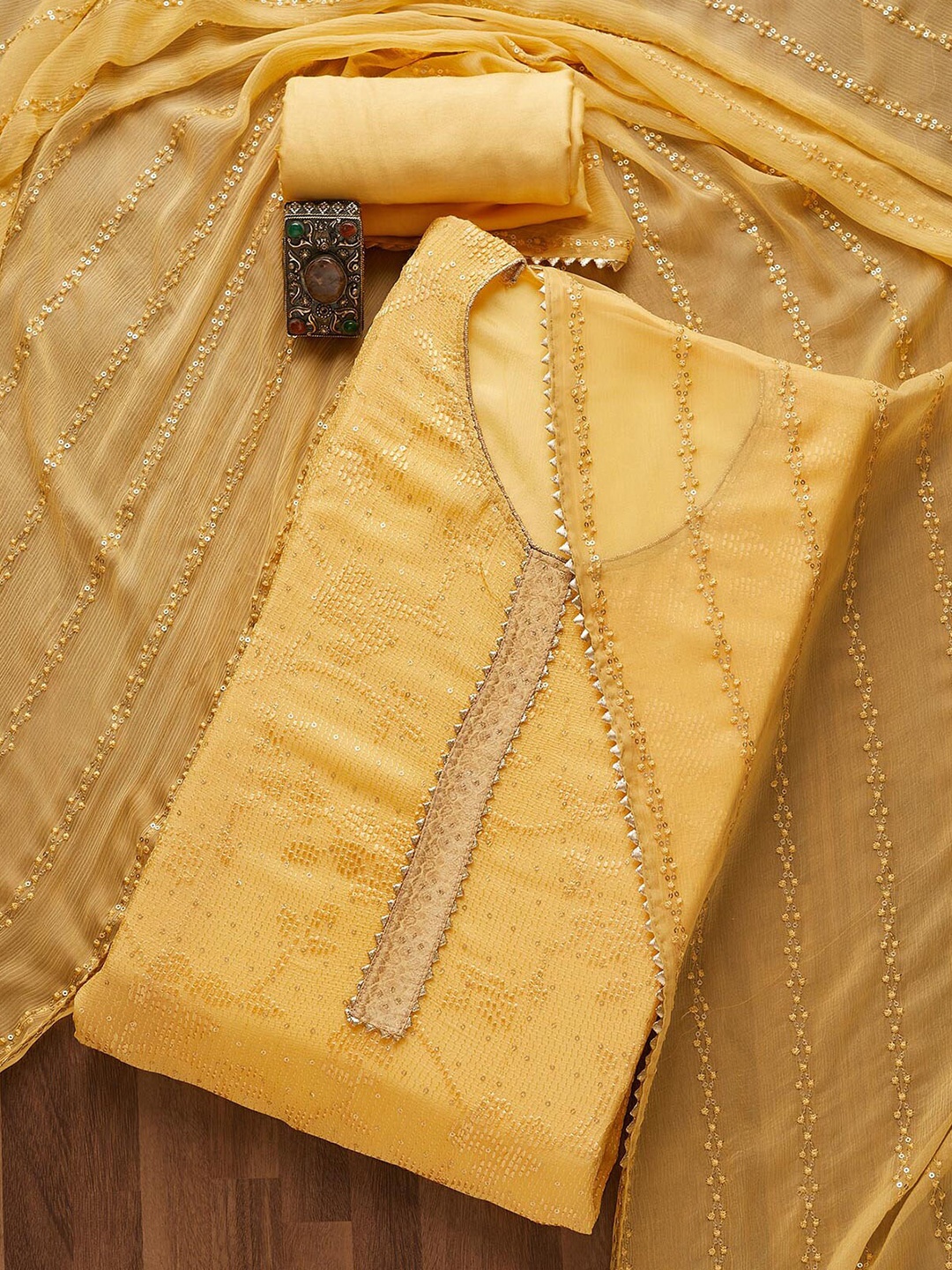 

Koskii Women Yellow Embroidered Unstitched Dress Material