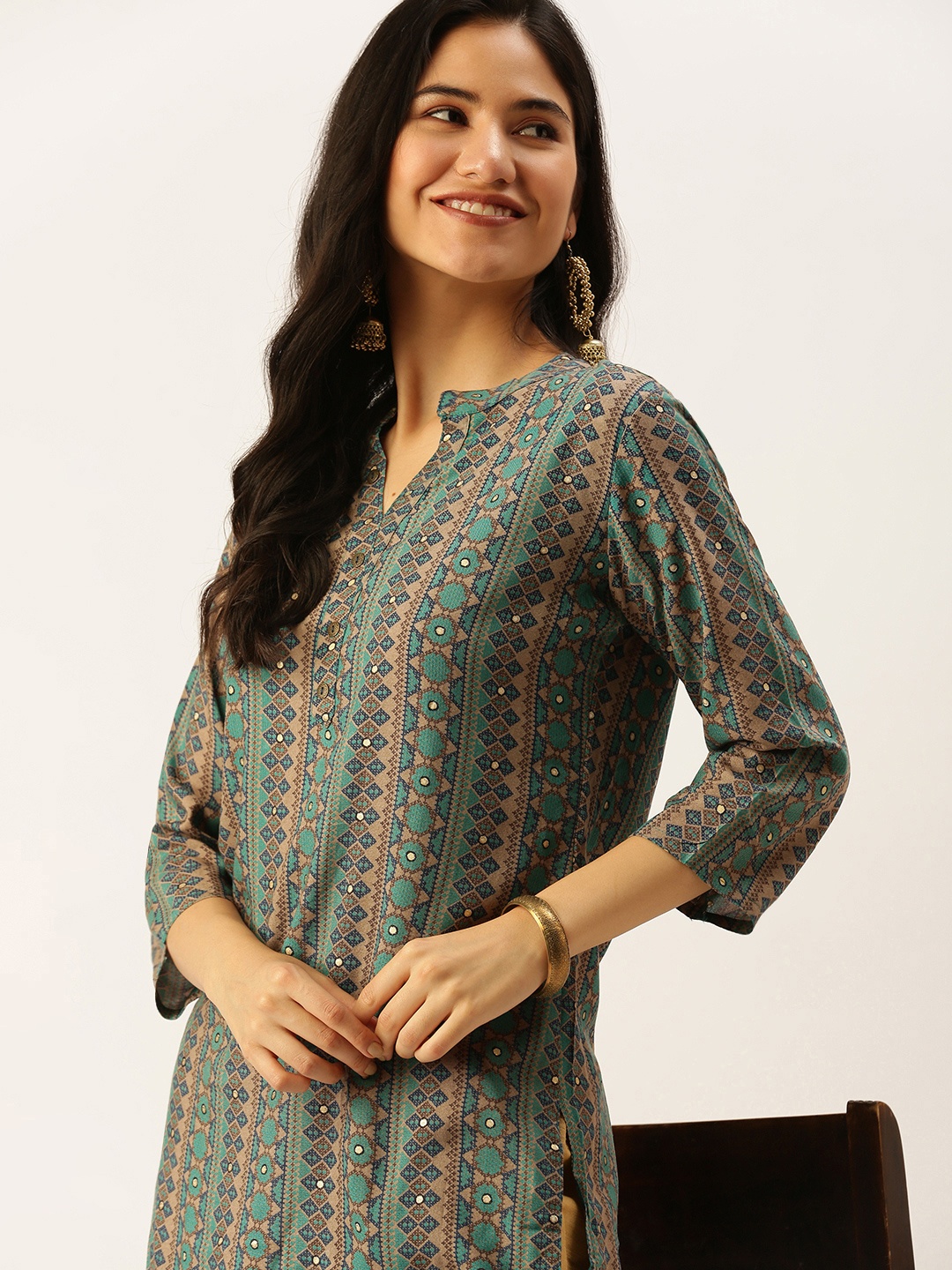 

SHOWOFF Turquoise Blue Geometric Printed Kurti