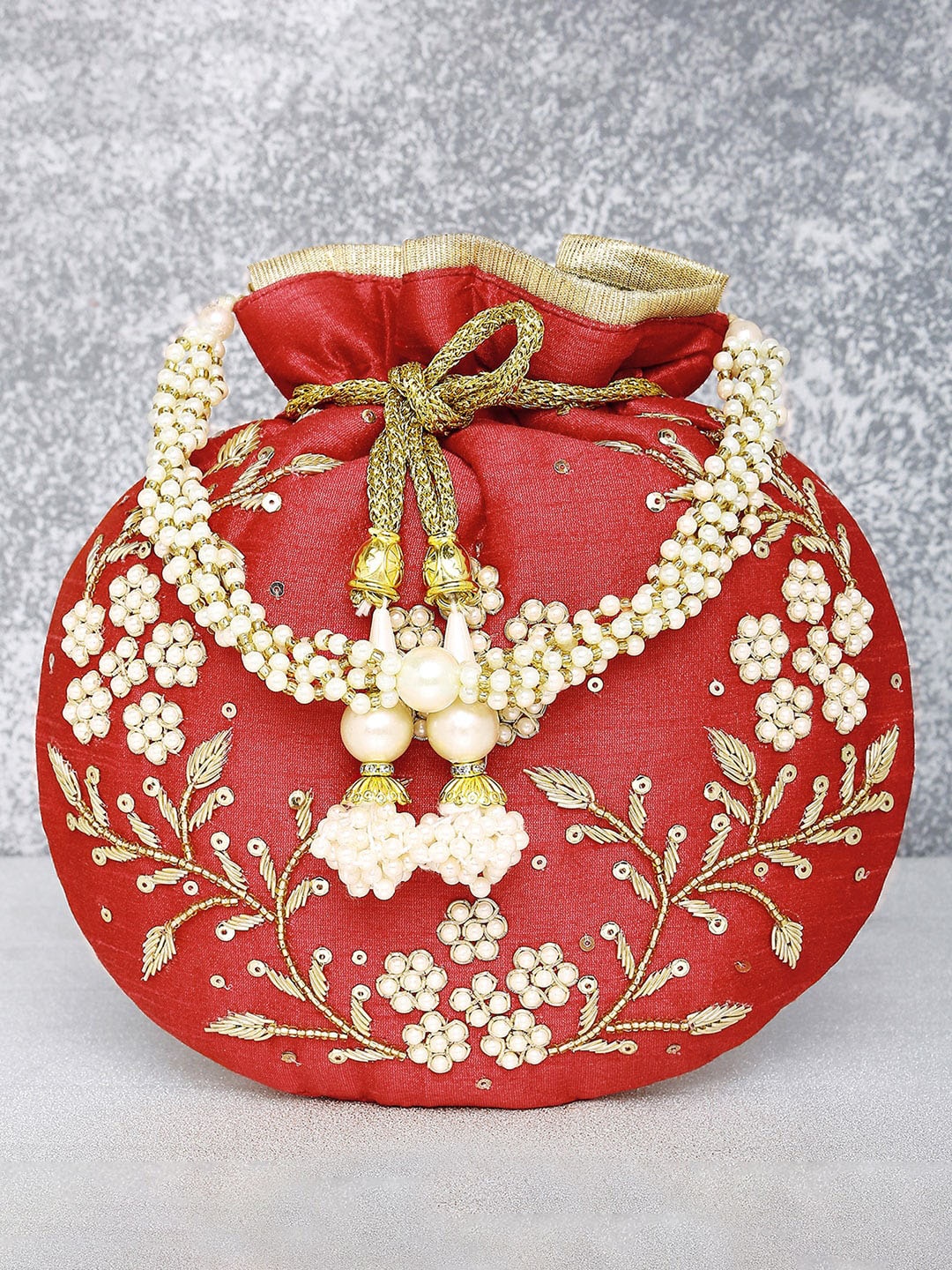 

Peora Red & Cream-Coloured Embroidered Potli Clutch