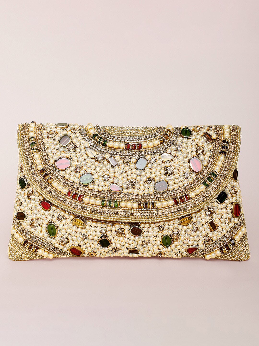 

Peora Cream-Coloured & White Embellished Envelope Clutch