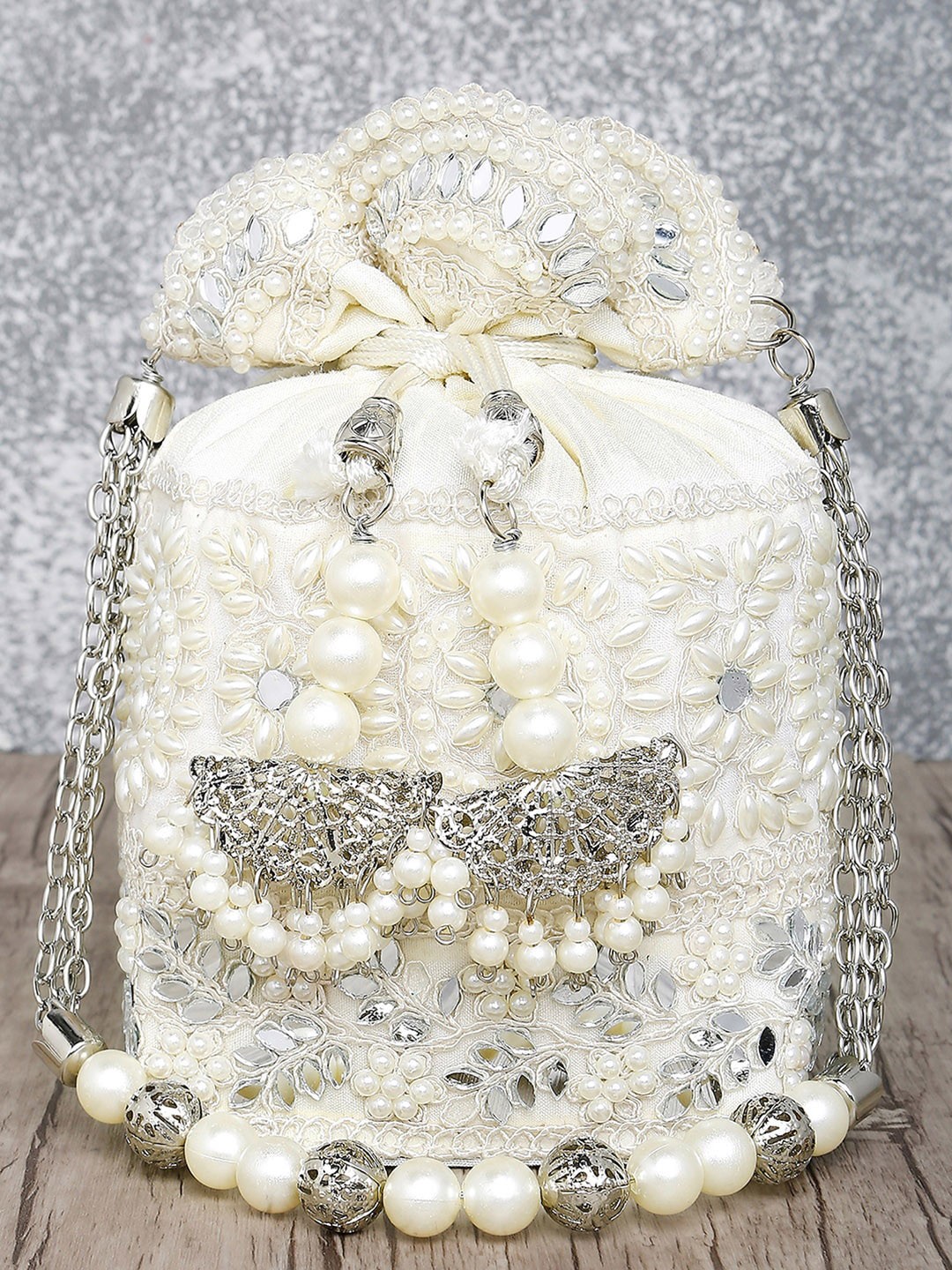 

Peora Women White & Silver-Toned Embroidered Potli Clutch
