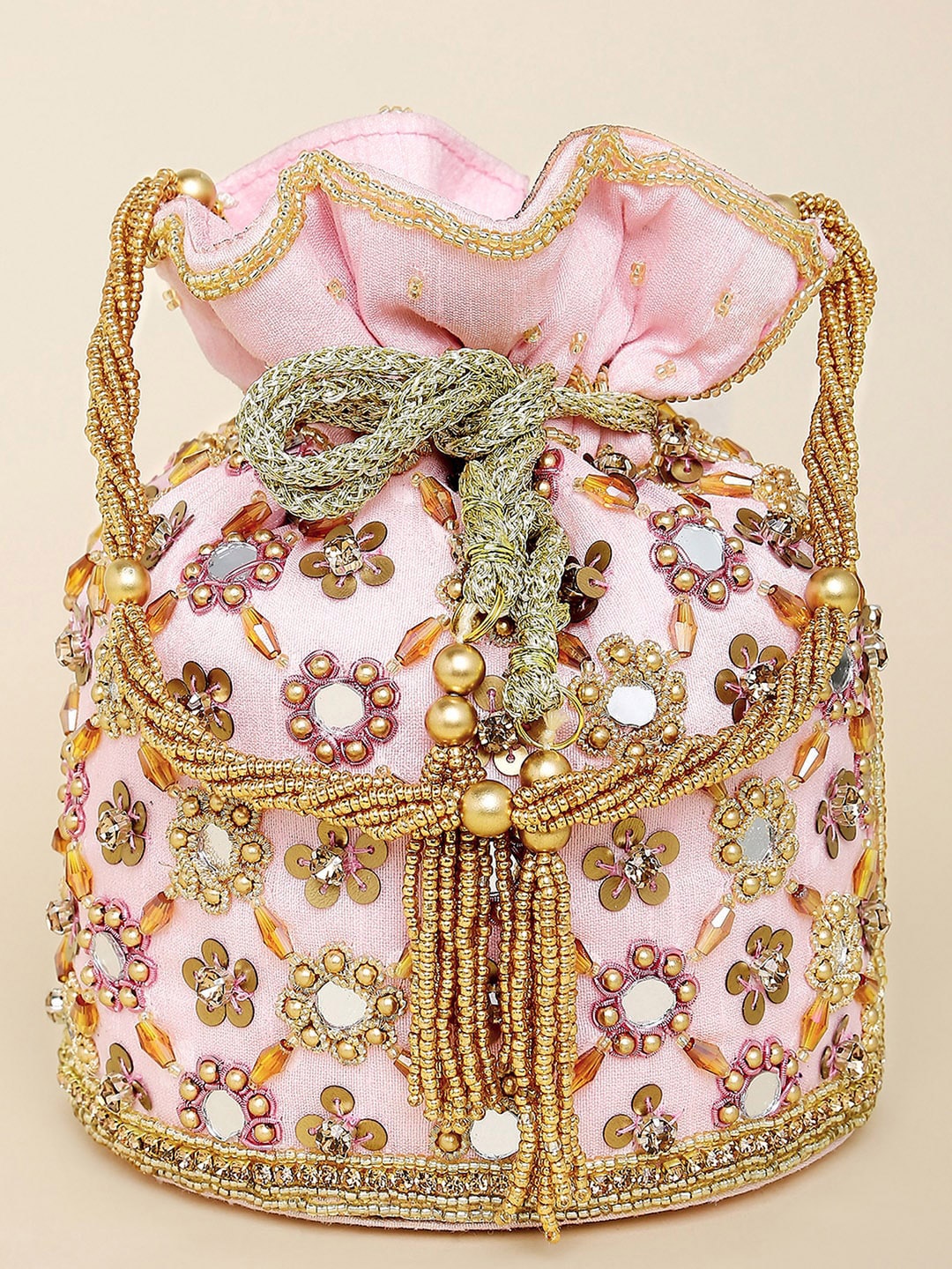 

Peora Pink & Green Embroidered Potli Clutch