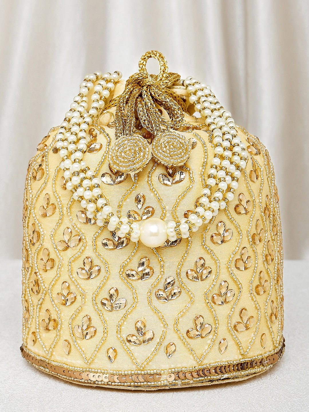 

Peora Gold-Toned & White Embroidered Potli Clutch