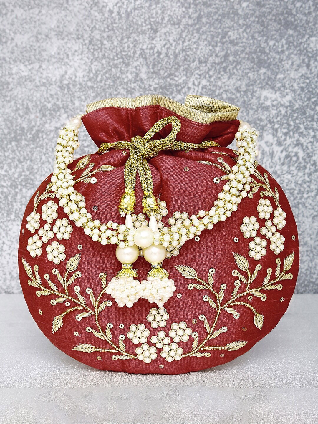 

Peora Maroon & Gold-Toned Embellished Potli Clutch