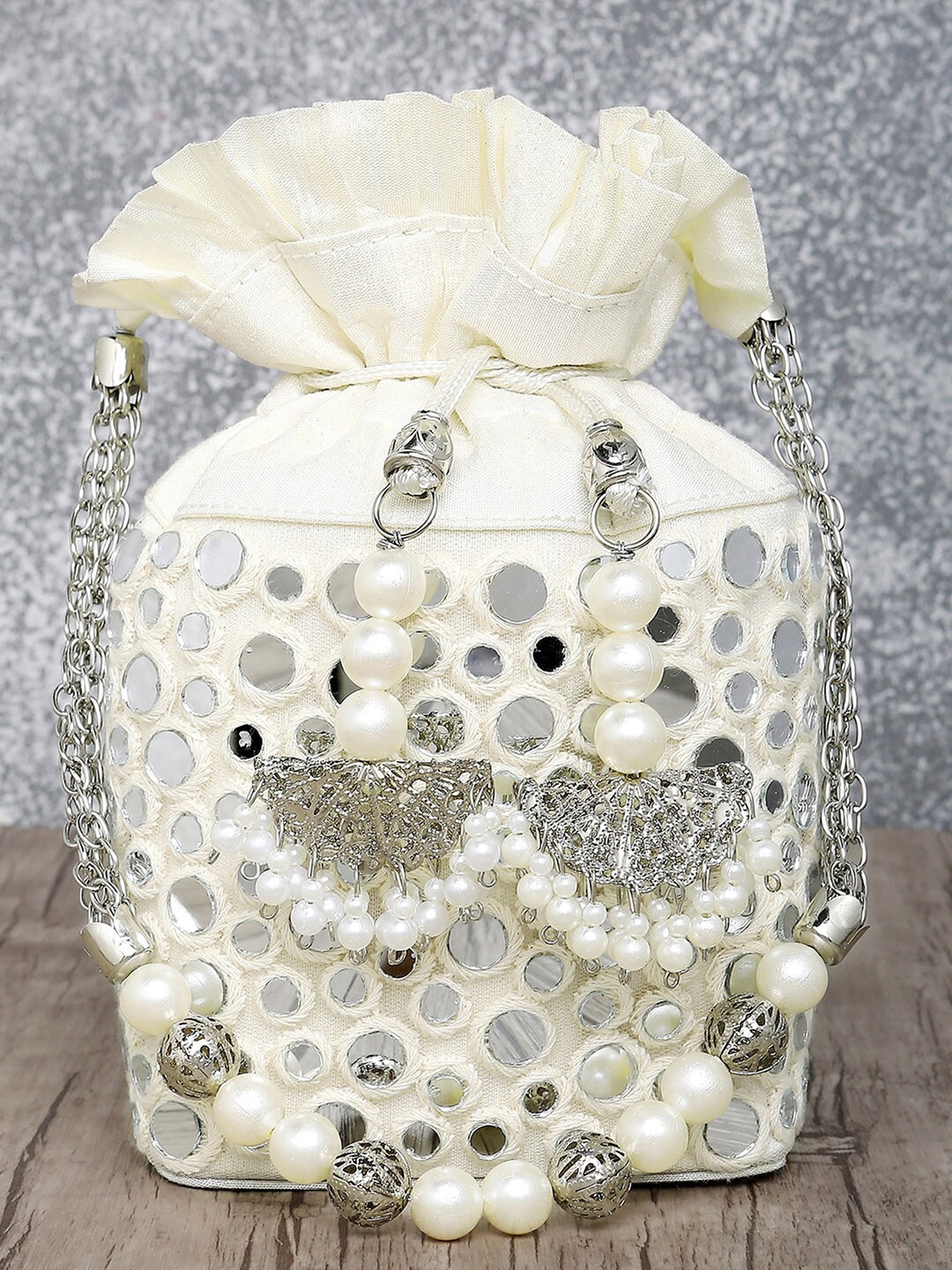 

Peora White & Silver-Toned Embellished Potli Clutch
