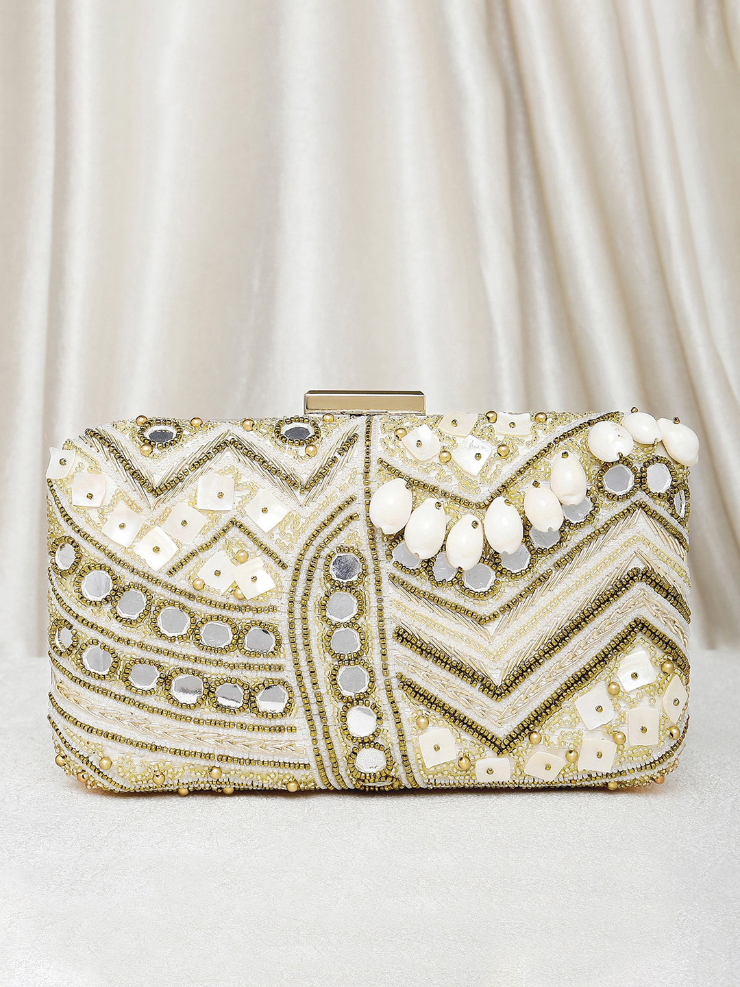 

Peora White & Gold-Toned Embellished Purse Clutch