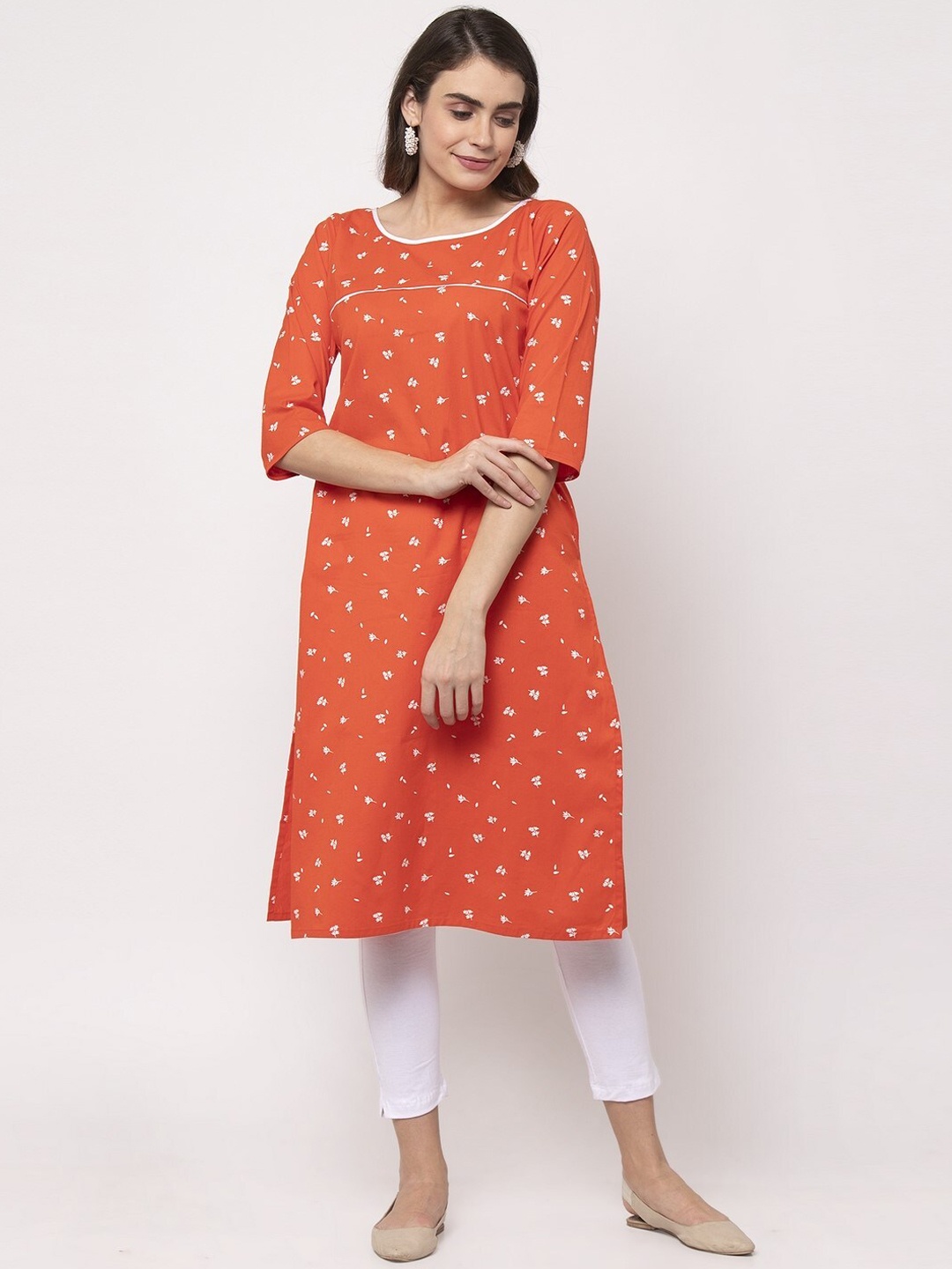 

NEUDIS Women Orange Floral Printed Kurta