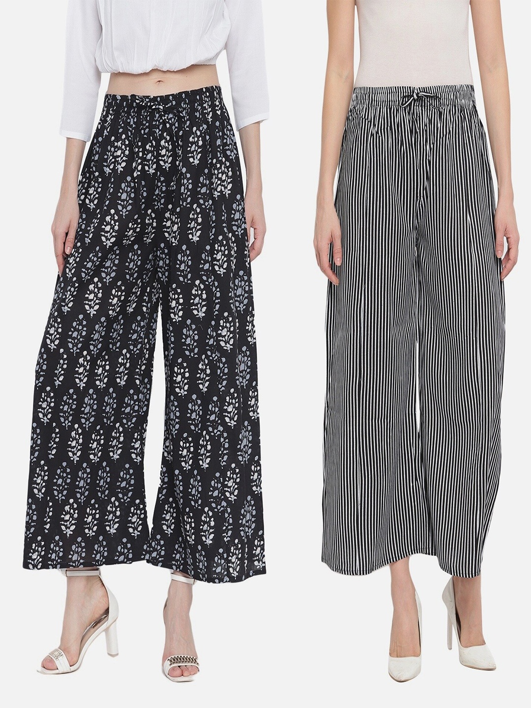 

Aawari Women Black & White 2 Printed Knitted Ethnic Palazzos