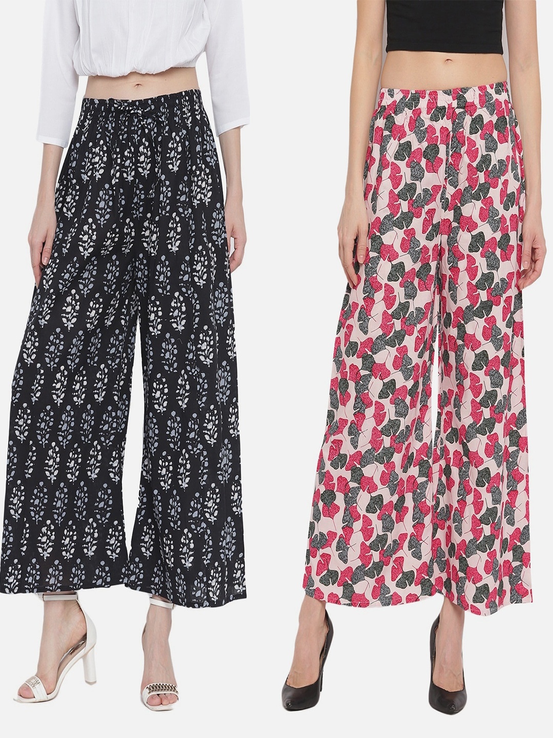 

Aawari Women Black & Pink 2 Floral Printed Knitted Ethnic Palazzos