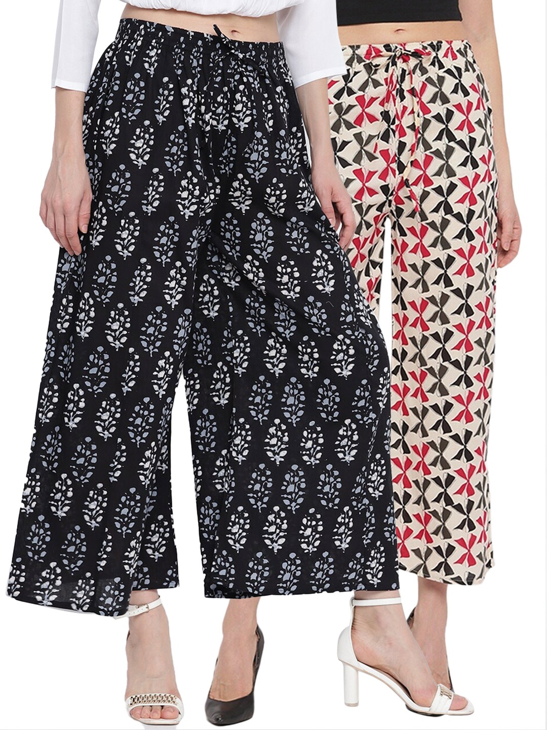 

Aawari Women Black & Beige 2 Floral Printed Knitted Ethnic Palazzos