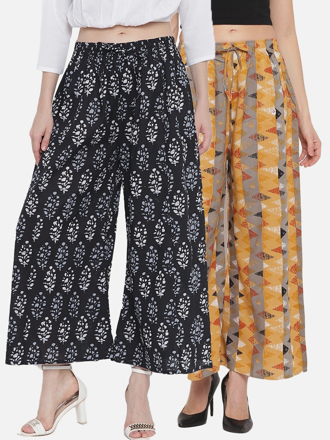 

Aawari Women Pack of 2 Yellow & Black Floral Knitted Ethnic Palazzos