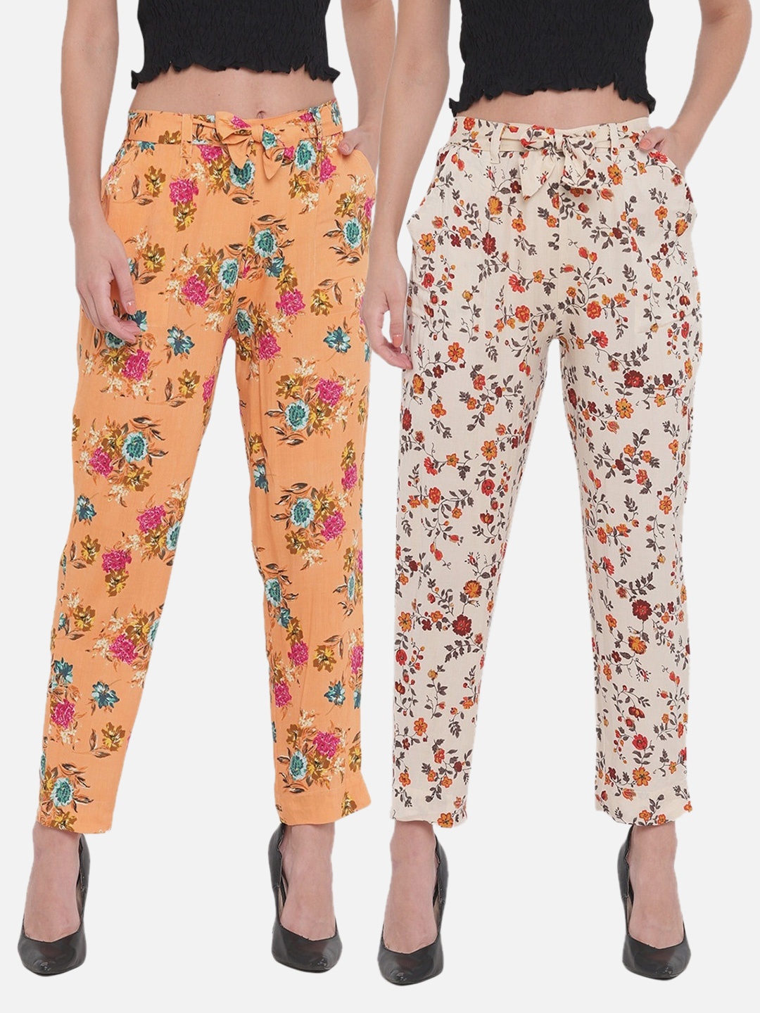 

Aawari Women Pack Of 2 Floral Printed Belted Straight Fit Trousers, Orange