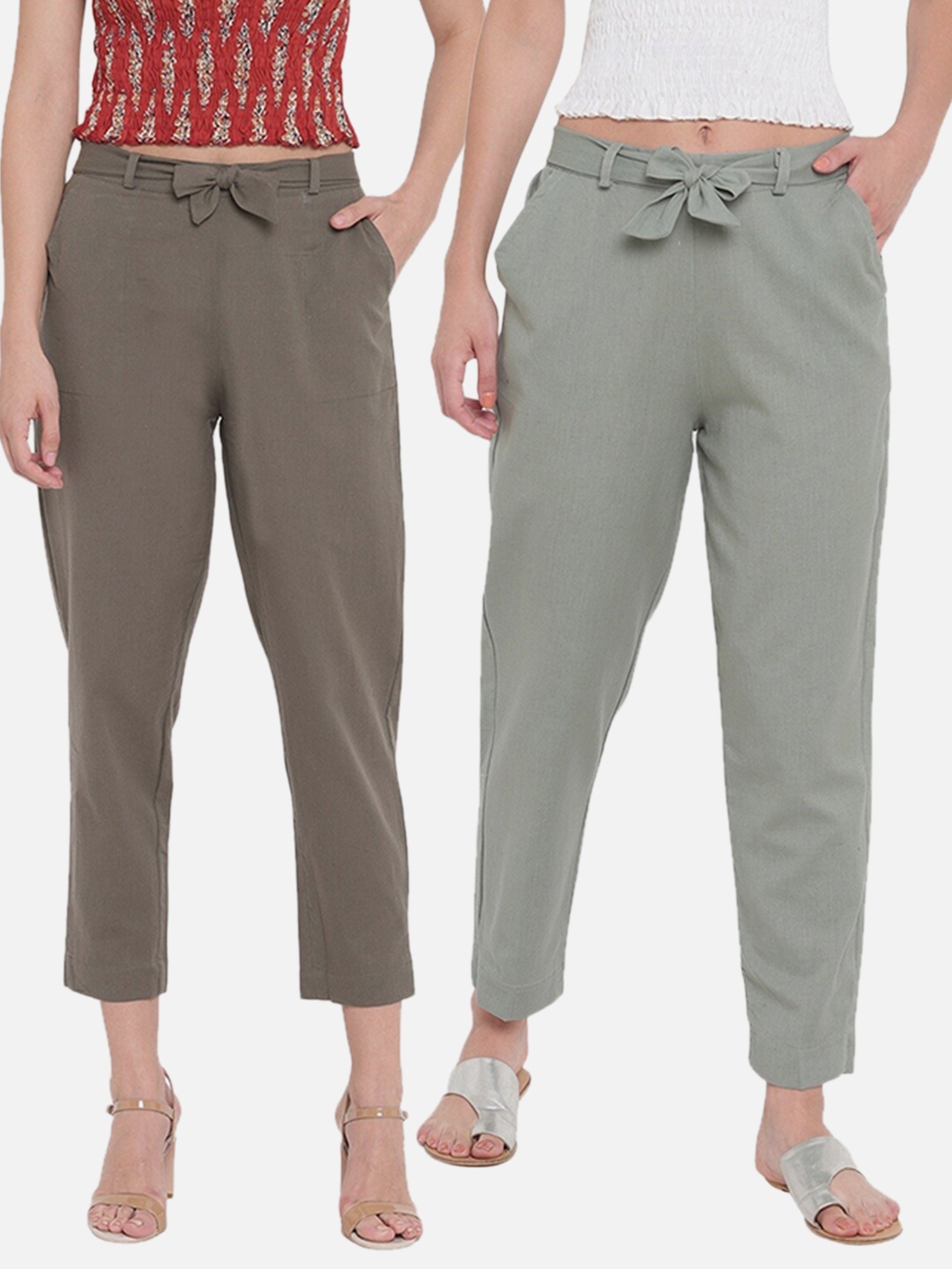 

Aawari Women Pack of 2 Olive Green and Brown Straight Fit Pleated Trouser