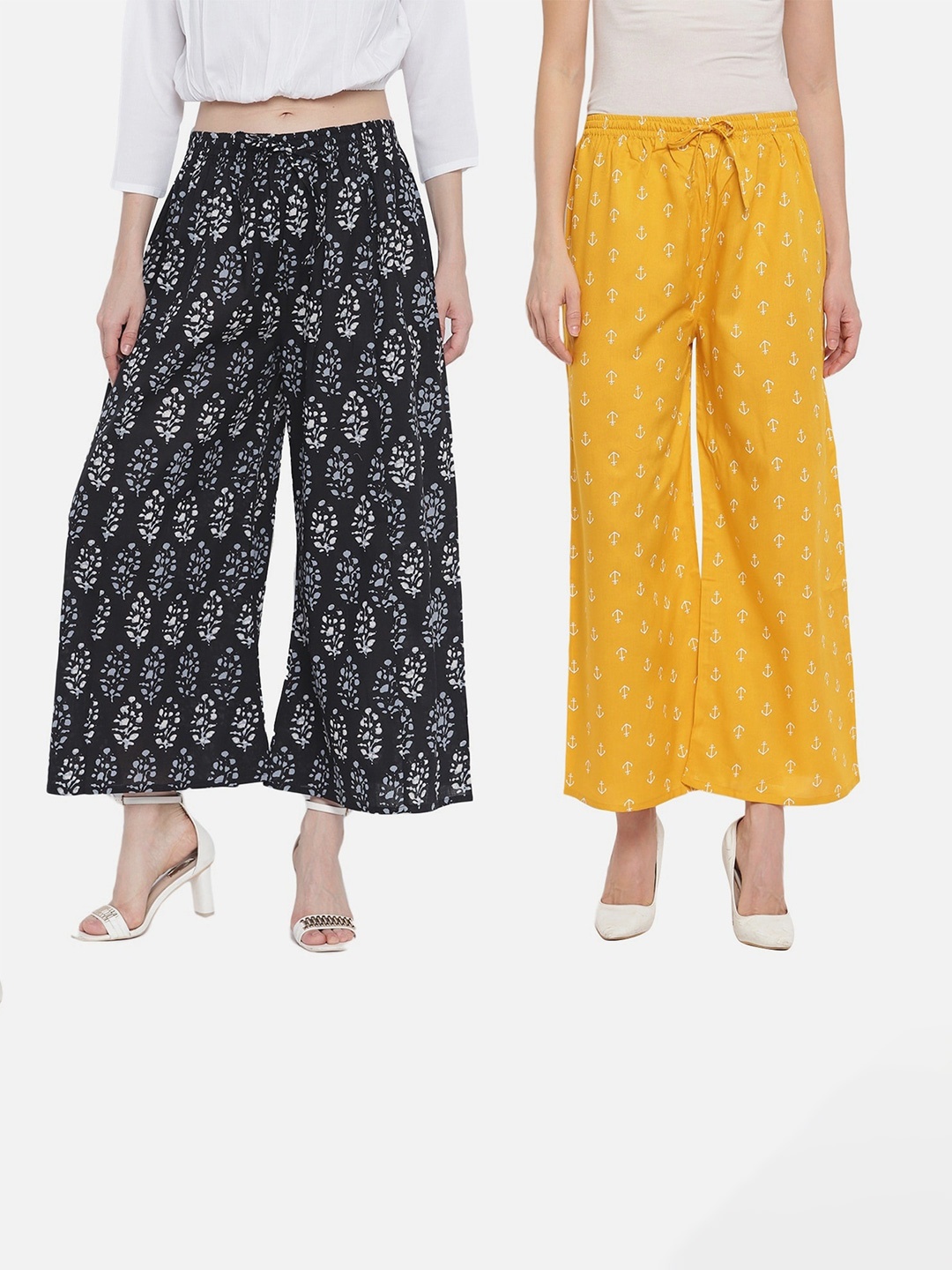 

Aawari Women Black & Yellow 2 Floral Knitted Ethnic Palazzos