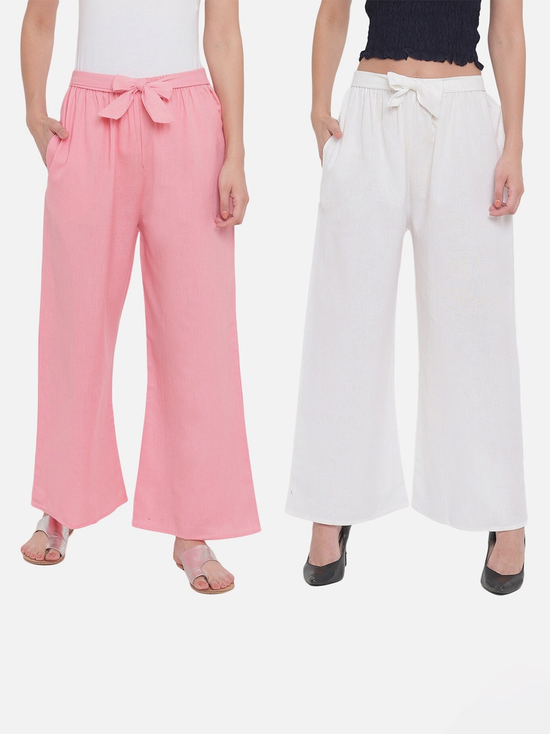 

Aawari Women White & Pink Pack of 2 Knitted Ethnic Palazzos