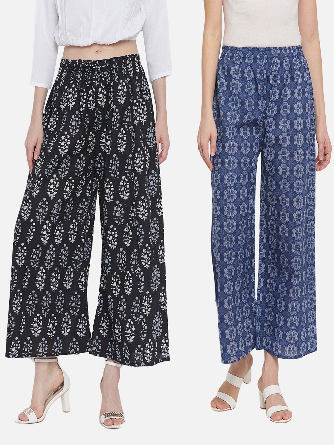 

Aawari Women Pack Of 2 Black & Blue Floral Knitted Ethnic Palazzos