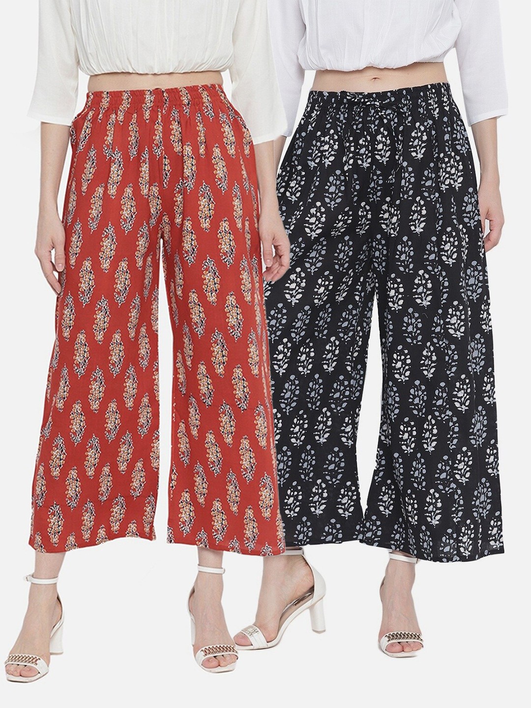 

Aawari Women Pack Of 2 Brown & Black Floral Printed Knitted Palazzos