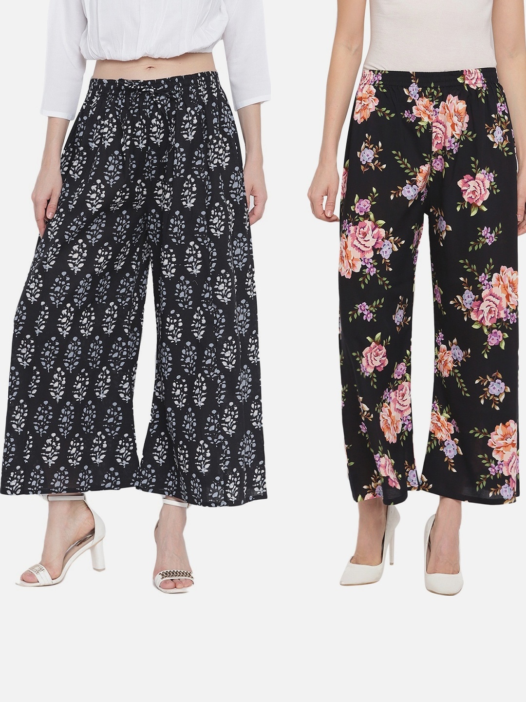 

Aawari Women Pack Of 2 Black & White Floral Printed Knitted Palazzos