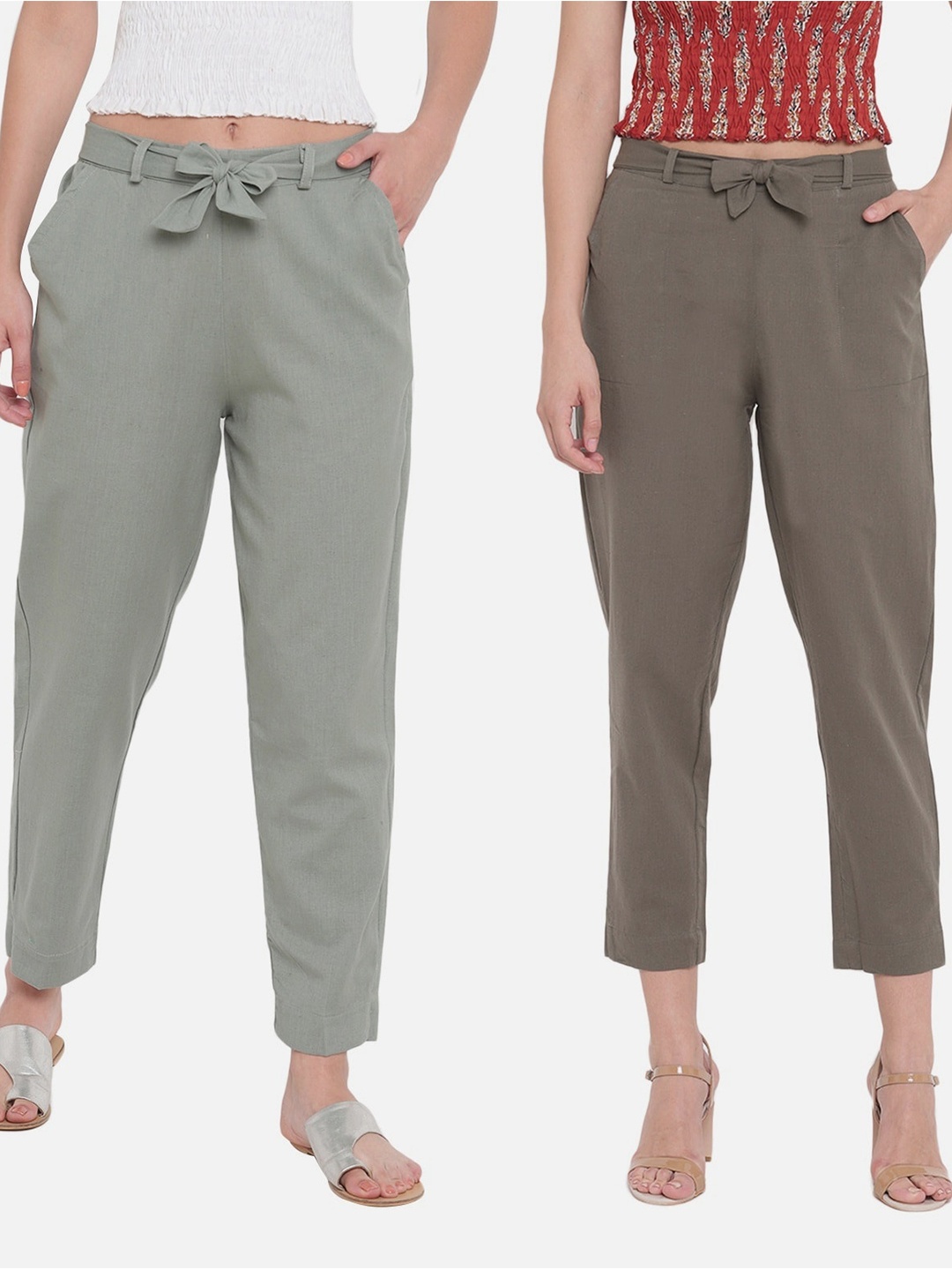 

Aawari Women Pack Of 2 Green & Olive Solid Trousers