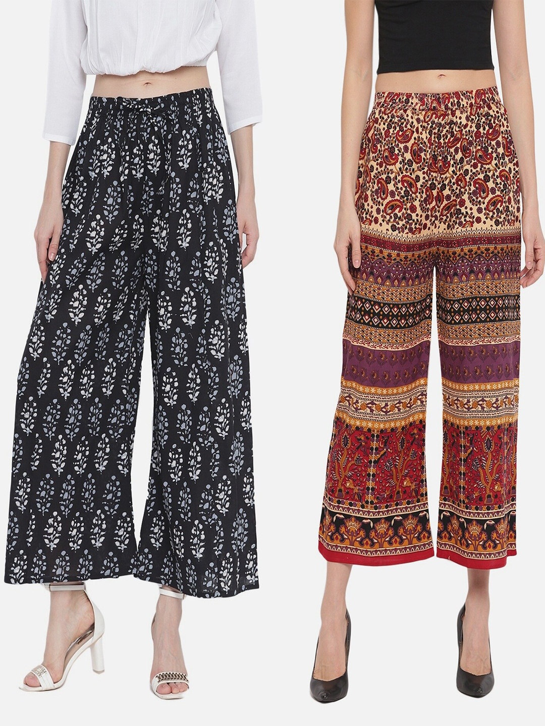 

Aawari Women Pack of 2 Black & Brown Floral Knitted Ethnic Palazzos