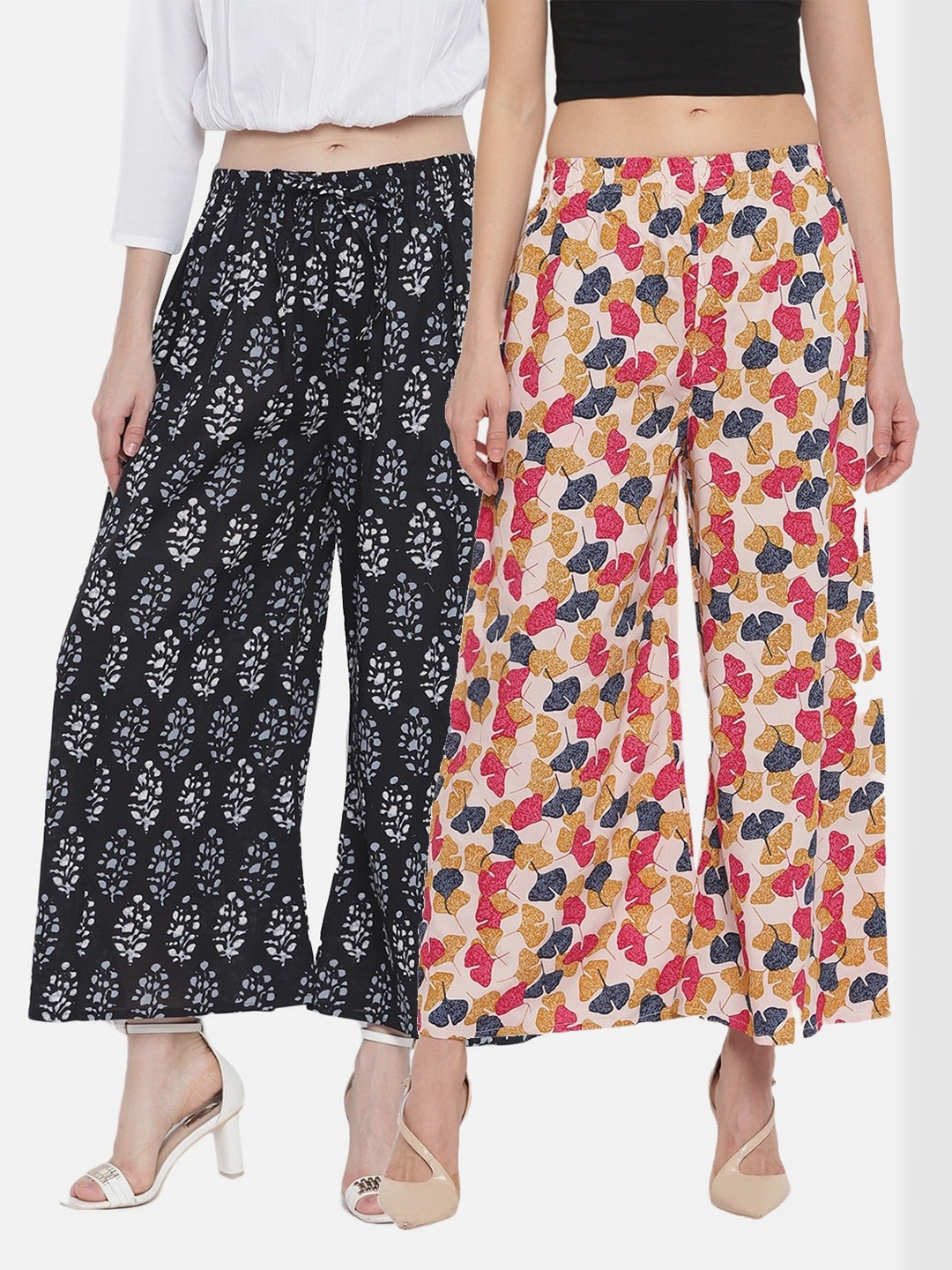

Aawari Women Pack Of 2 Navy Blue & Pink Floral Printed Knitted Palazzos