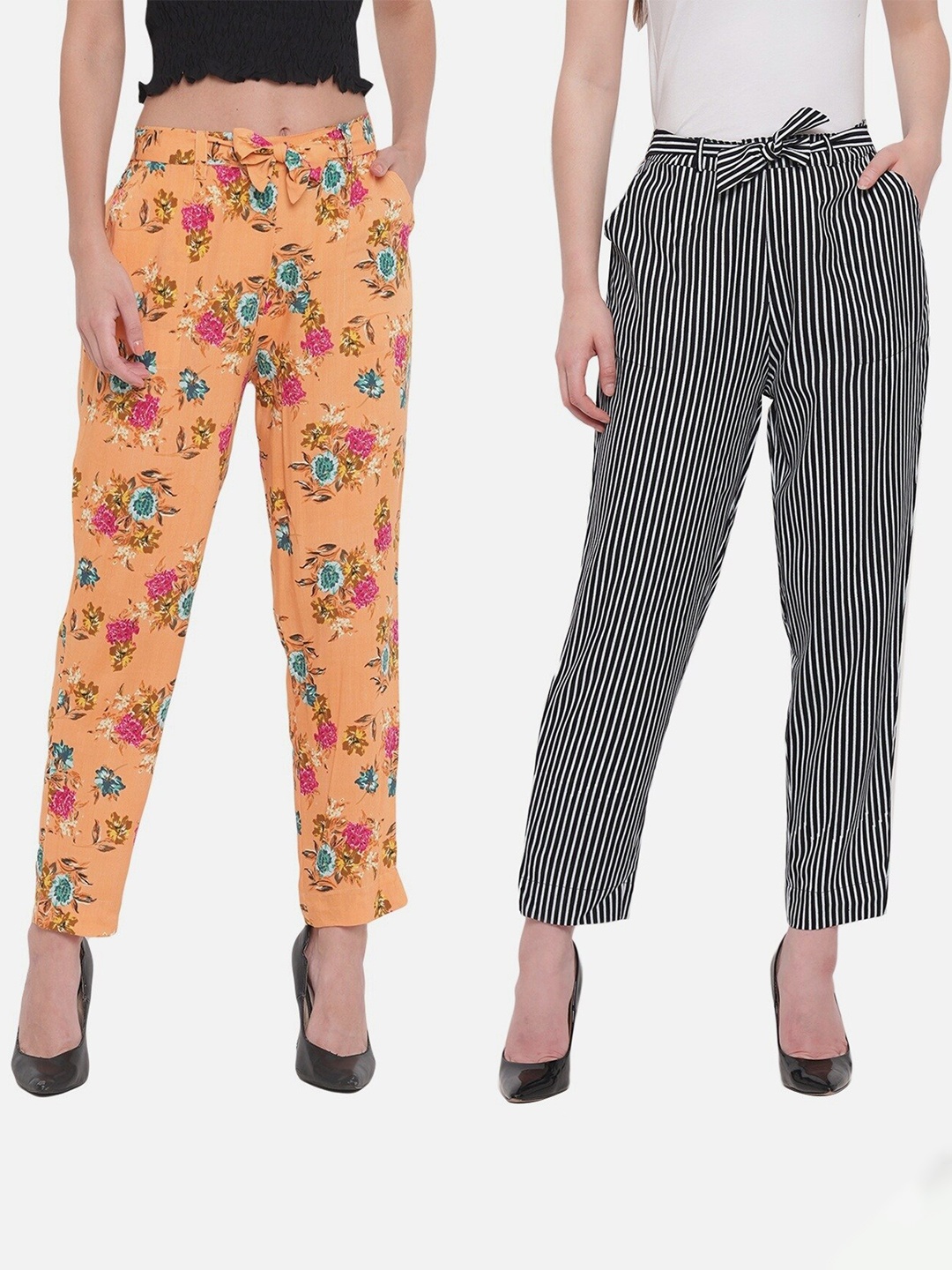 

Aawari Women Pack of 2 Black & Orange Floral and Striped Palazzos
