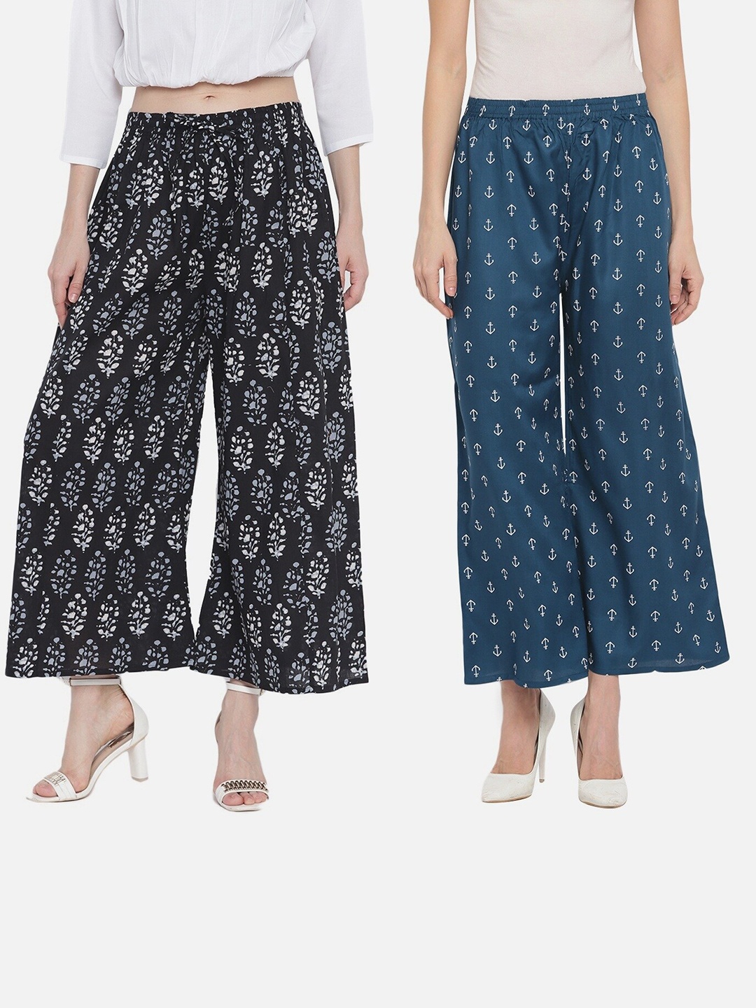 

Aawari Set of 2 Women Black & Blue Printed Knitted Palazzos