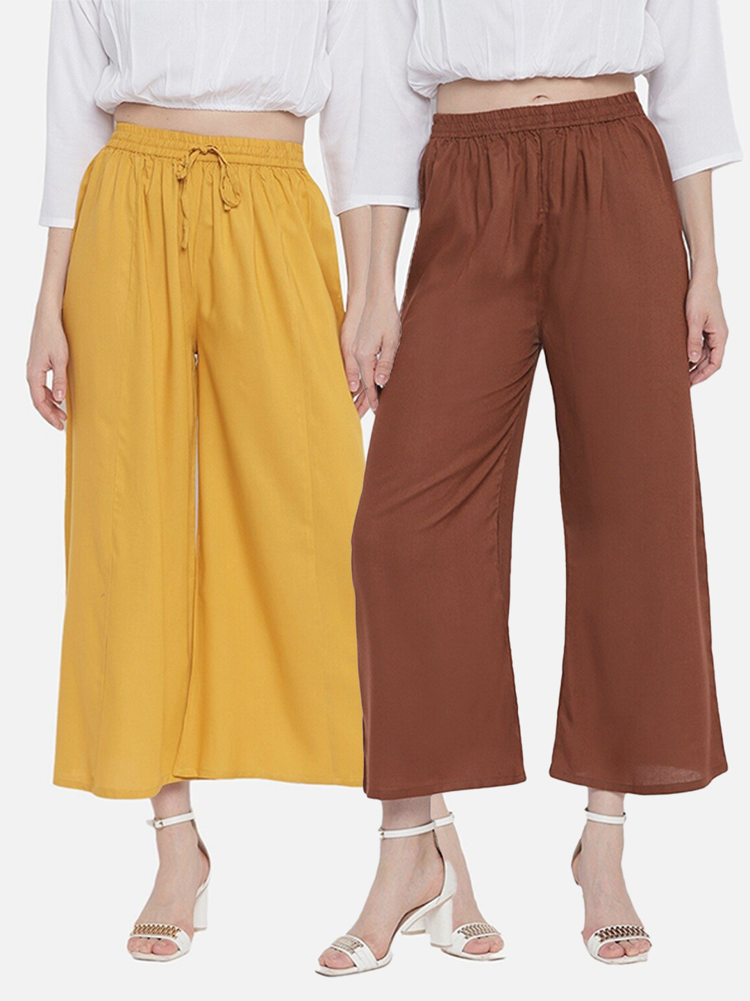 

Aawari Women Brown & Yellow Set of 2Flared Knitted Palazzos