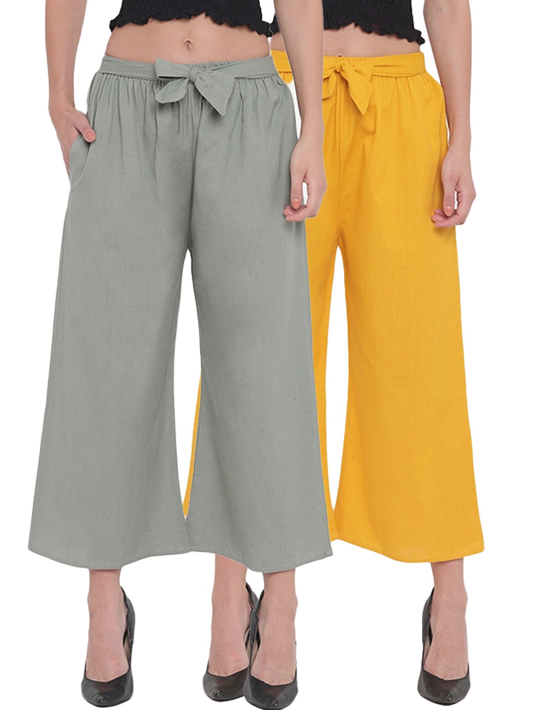 

Aawari Women Grey & Yellow Pack Of 2 Flared Knitted Palazzos