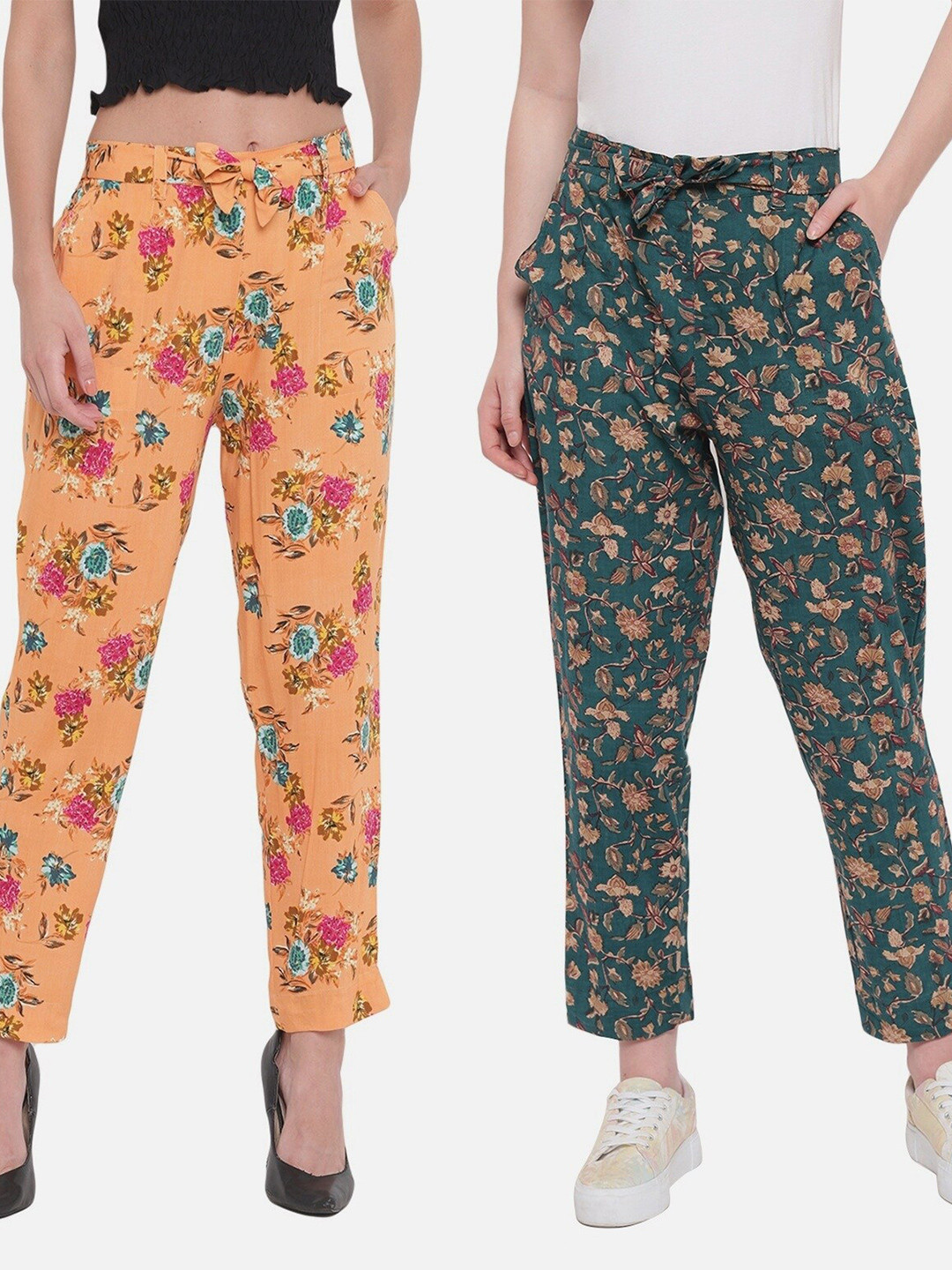 

Aawari Women Orange & Green 2 Floral Knitted Palazzos