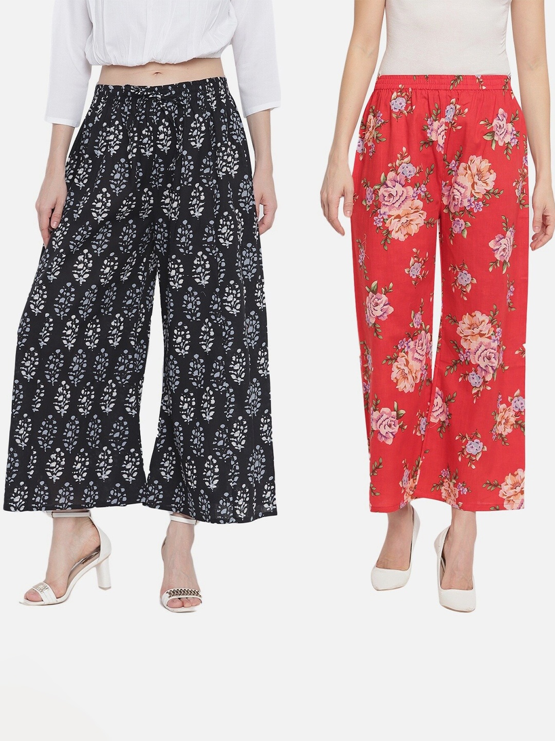 

Aawari Women Pack of 2 Black & Red Floral Printed Ethnic Palazzos