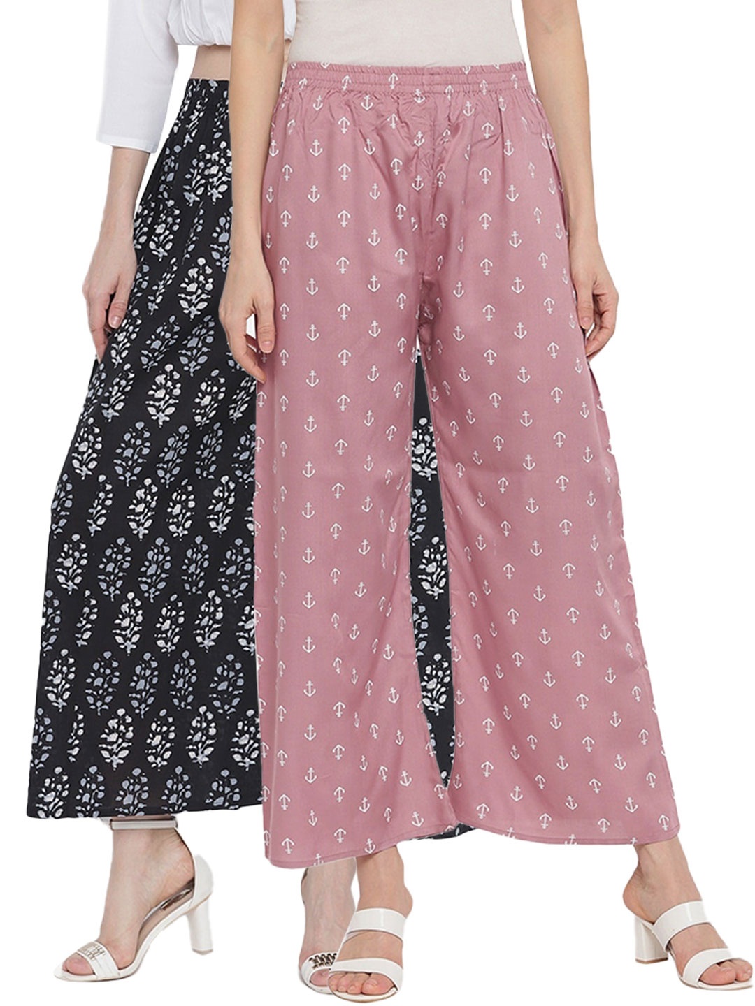 

Aawari Women Pack of 2 Black & Pink Floral Printed Palazzos