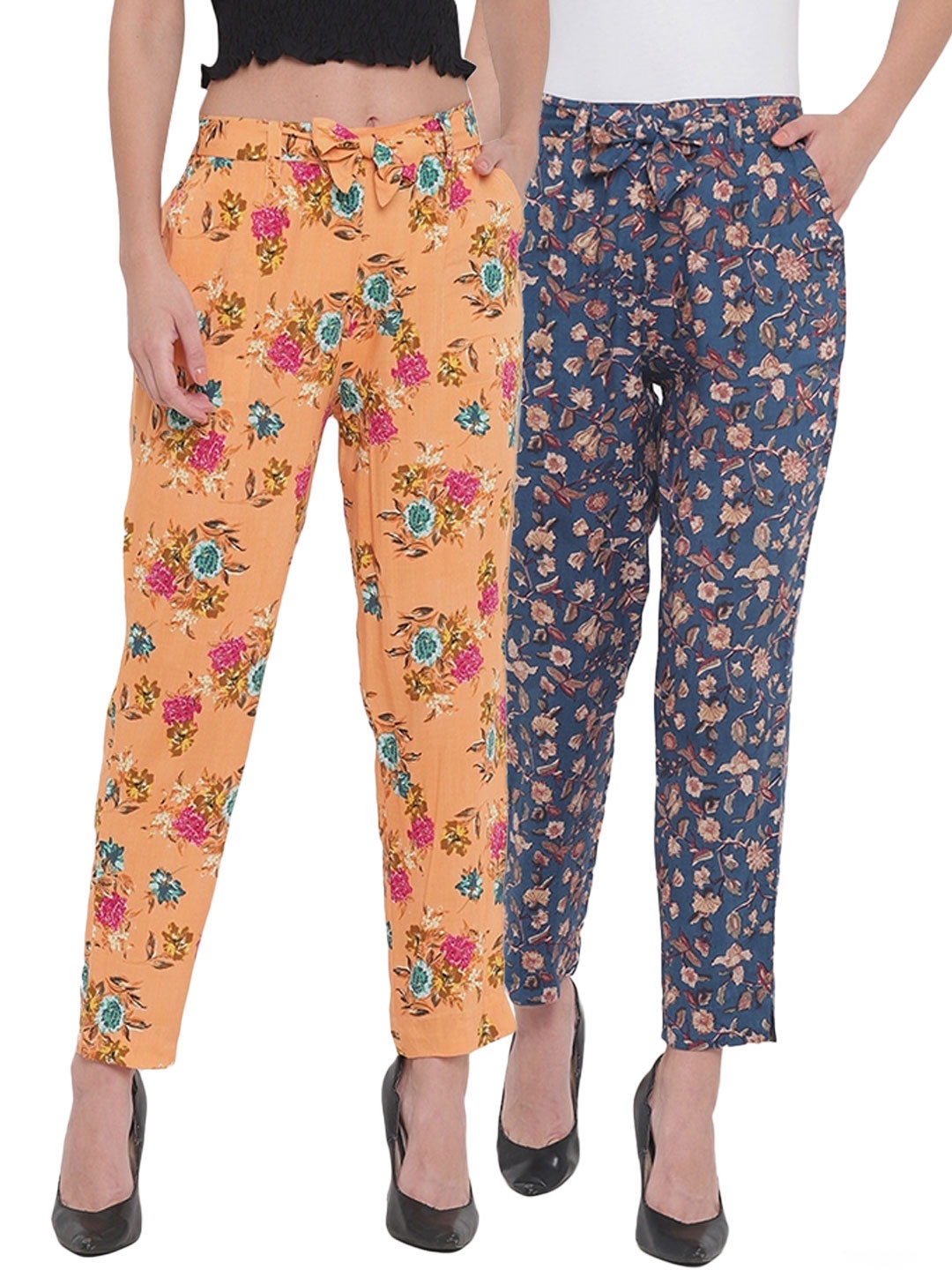 

Aawari Set of 2 Women Orange & Blue Floral Printed Knitted Palazzos