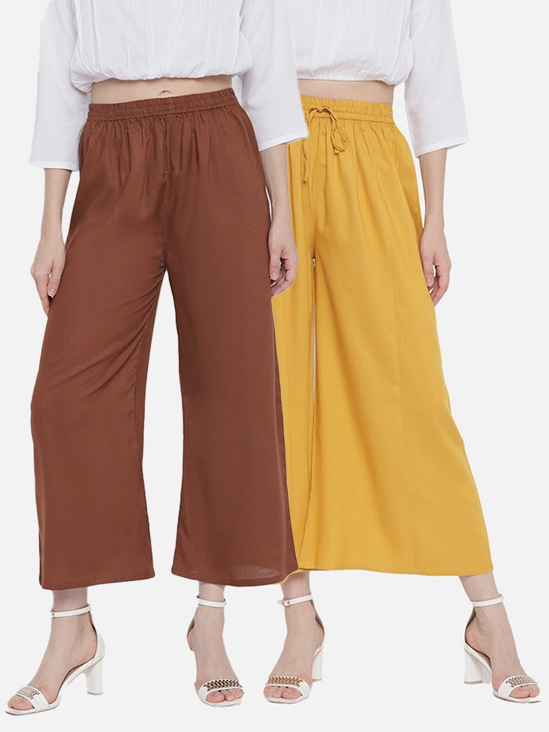 

Aawari Women Pack Of 2 Coffee Brown & Mustard Knitted Ethnic Palazzos