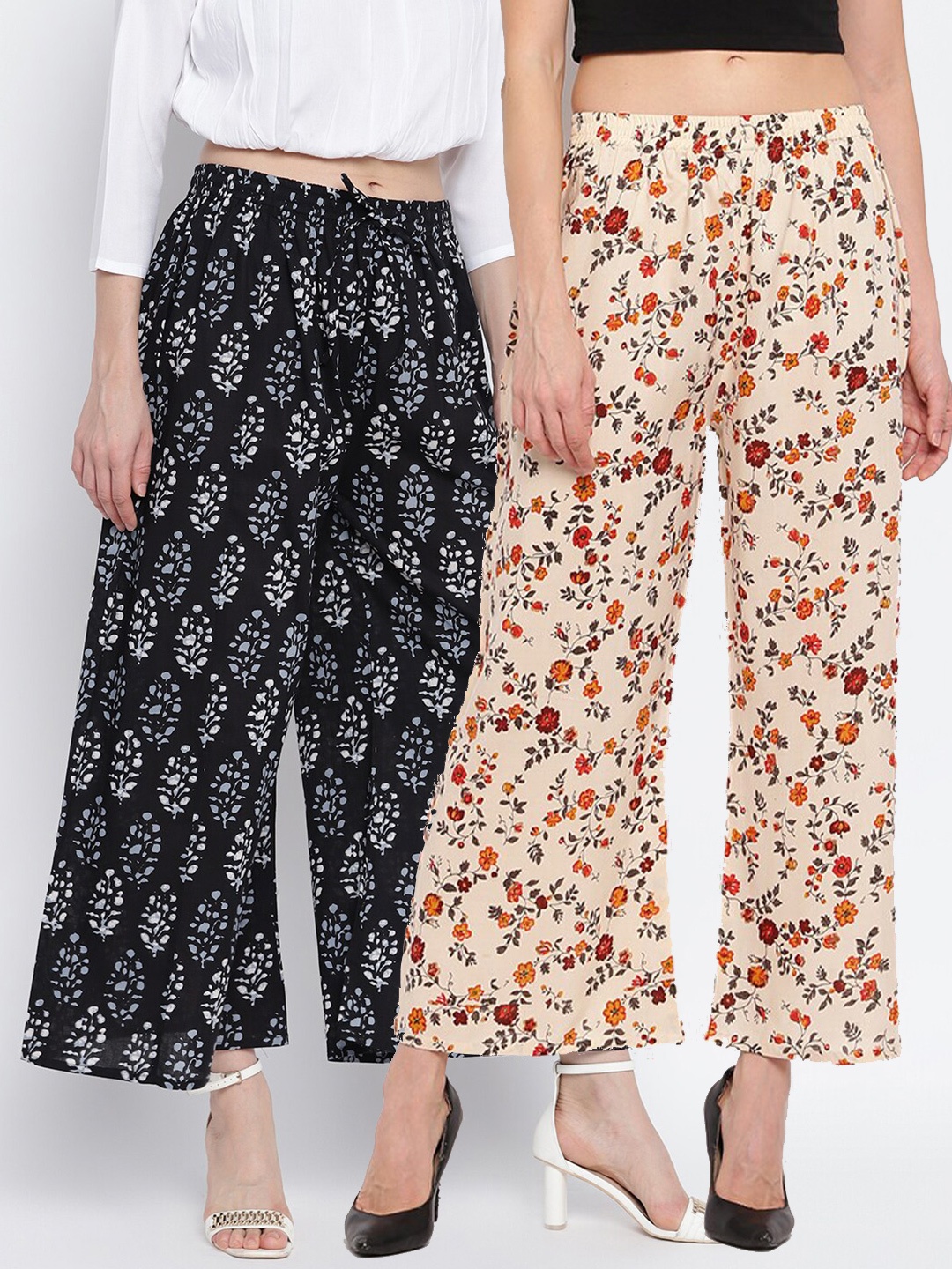 

Aawari Set of 2 Women Cream-Coloured & Black Floral Printed Knitted Ethnic Palazzos