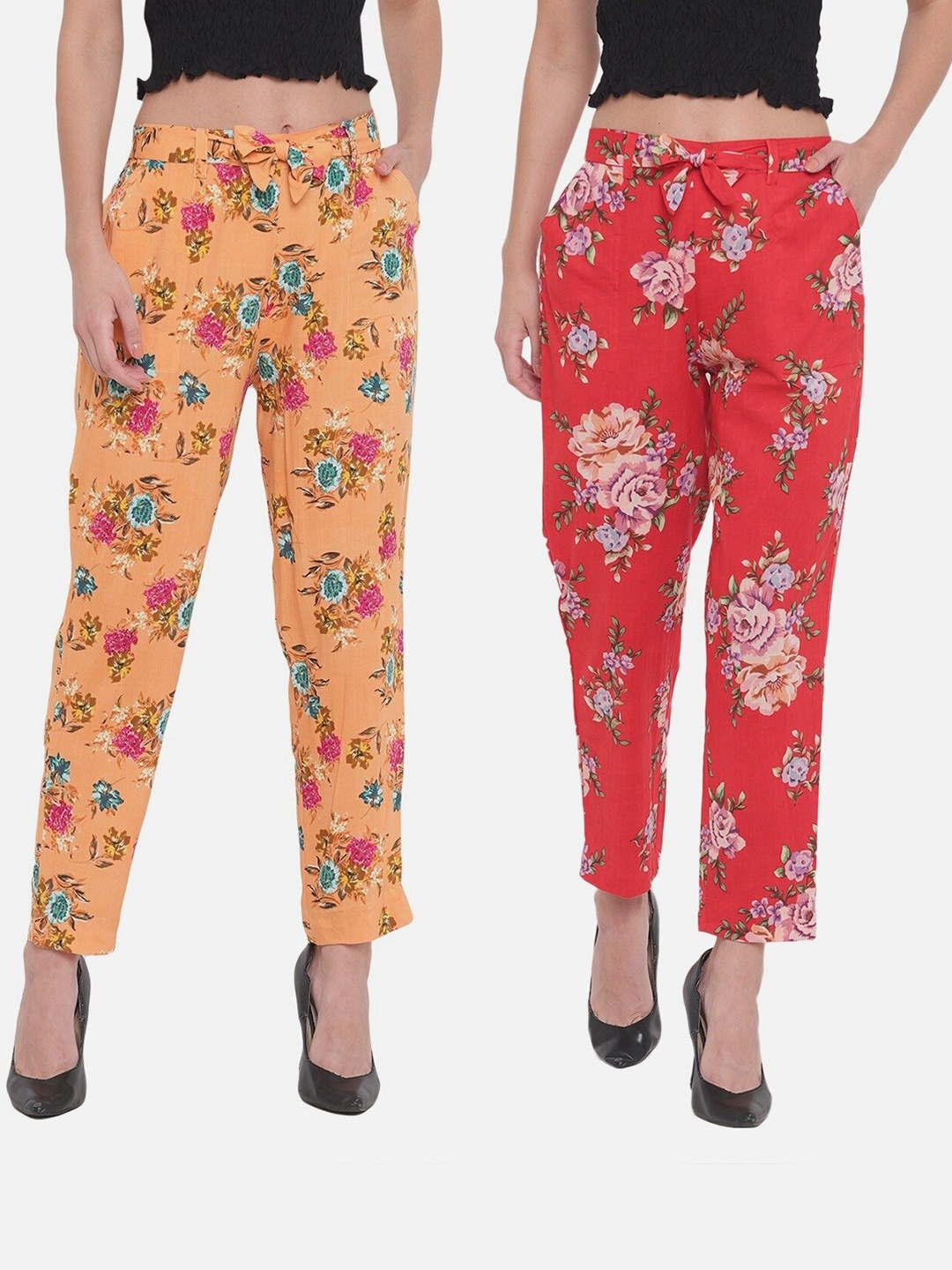 

Aawari Women Pack Of 2 Yellow & Red Floral Printed Knitted Ethnic Palazzos