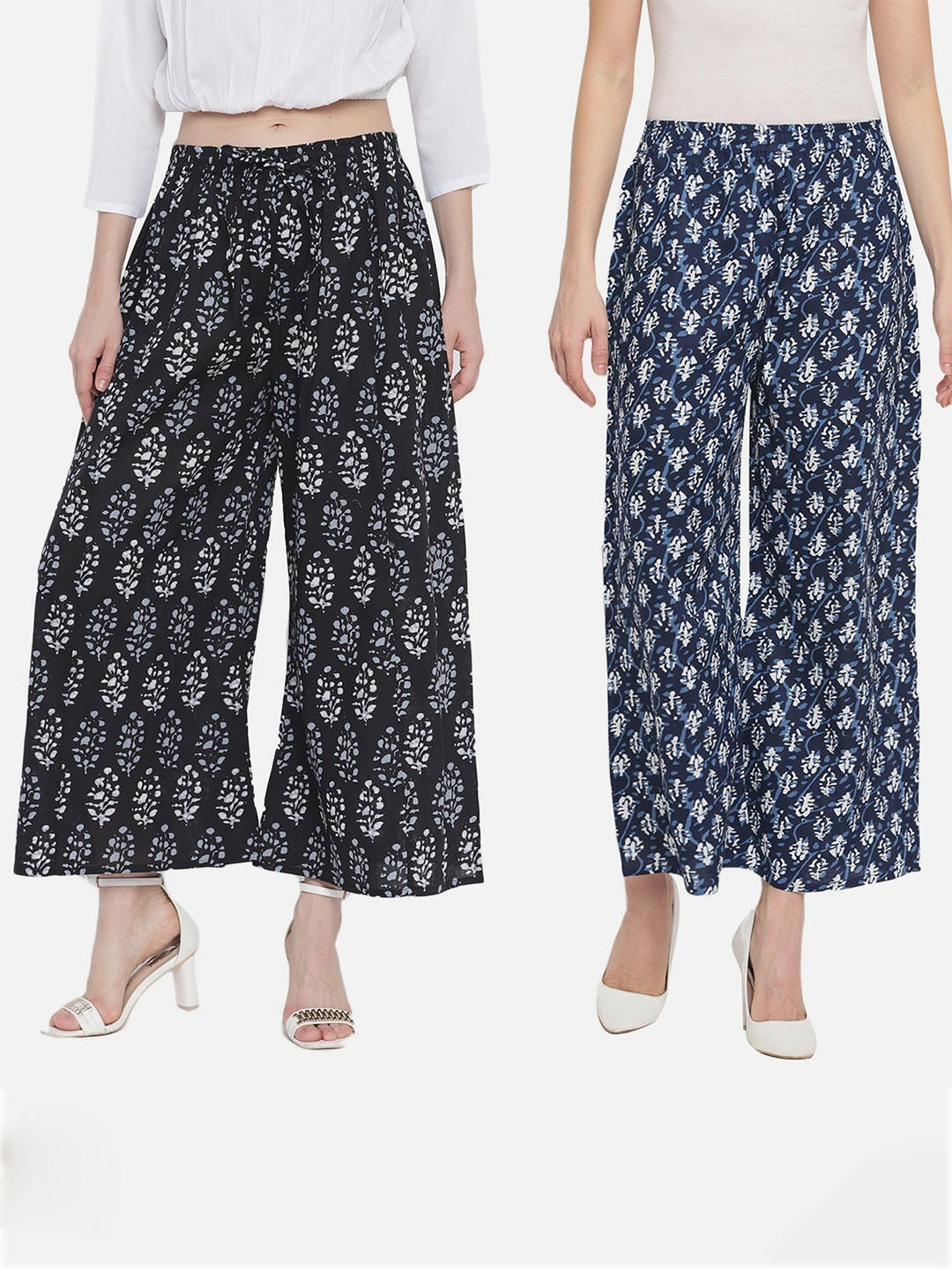 

Aawari Women Black & White 2 Floral Knitted Palazzos