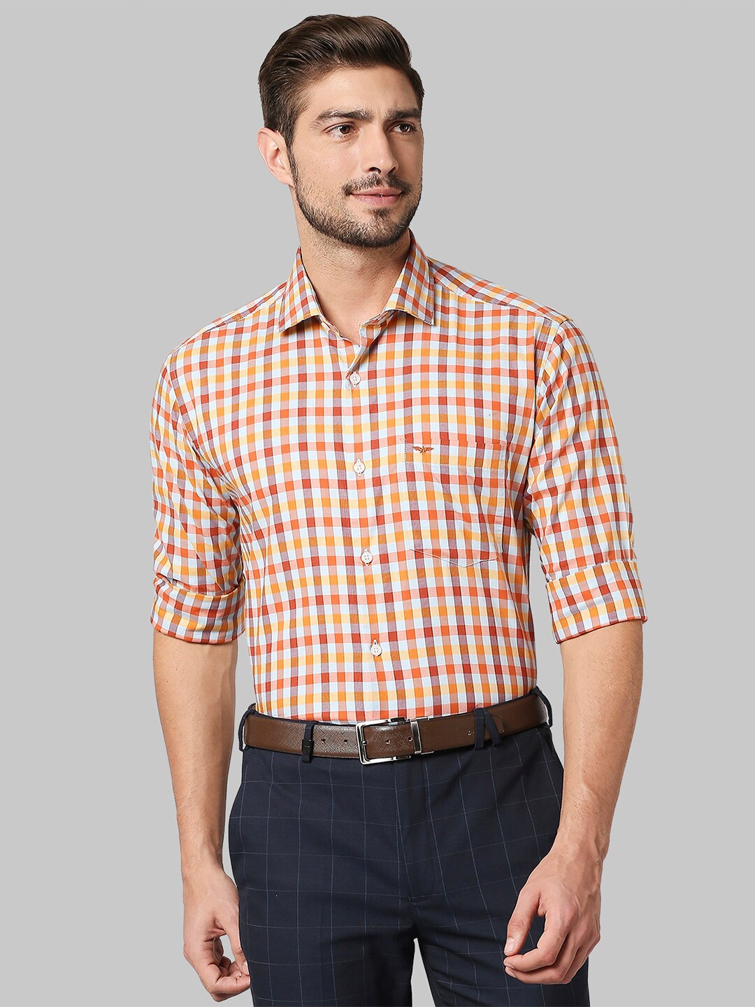 

Park Avenue Men Orange Slim Fit Checked Casual Shirt