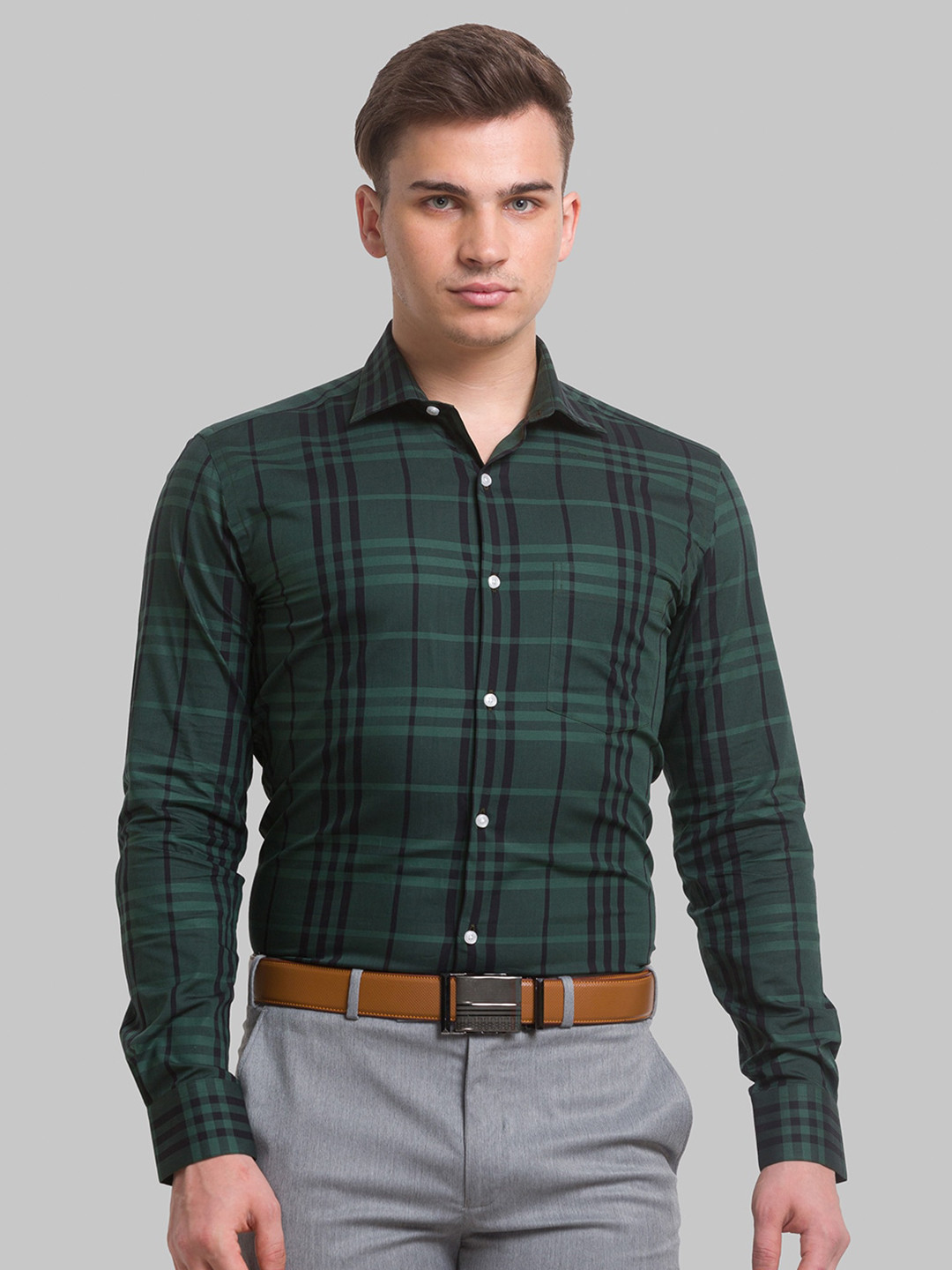 

Park Avenue Men Green Checked Cotton Slim Fit Casual Shirt