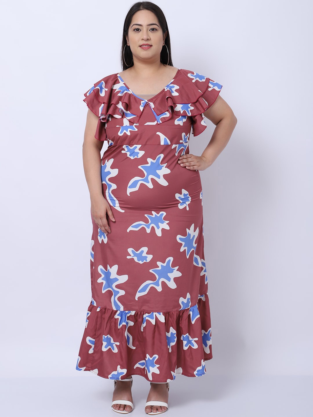 

Flambeur Maroon & Blue Floral Crepe Maxi Dress