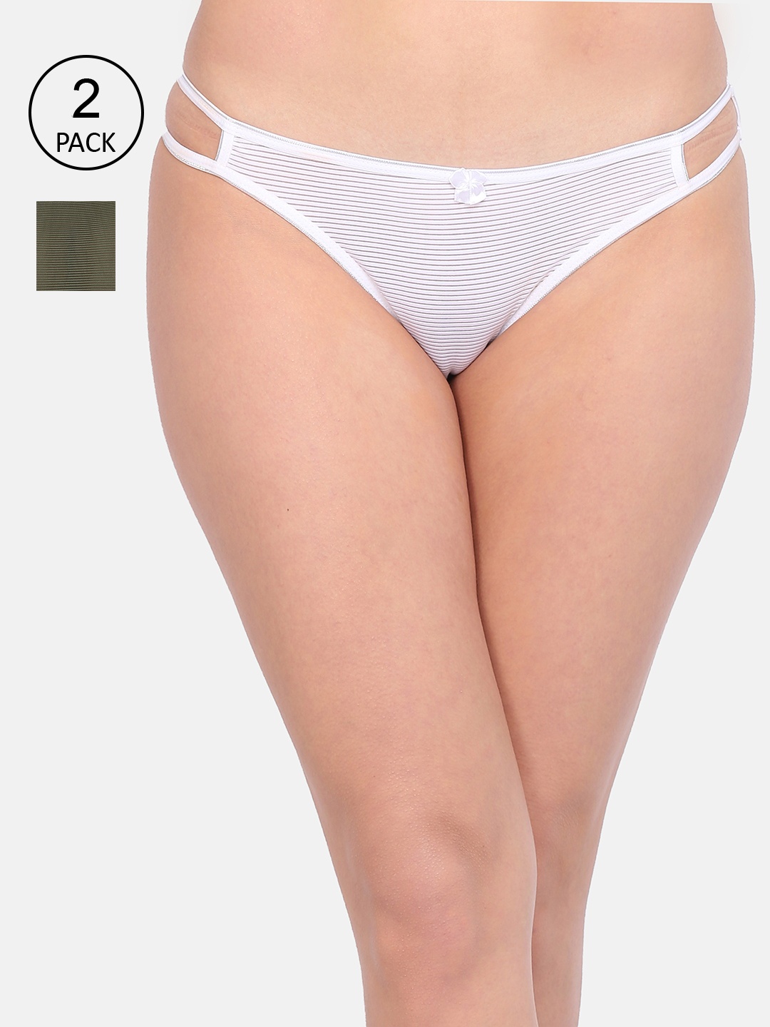 

LOTUSLEAF Women Pack Of 2 Striped Bikini Briefs, Olive