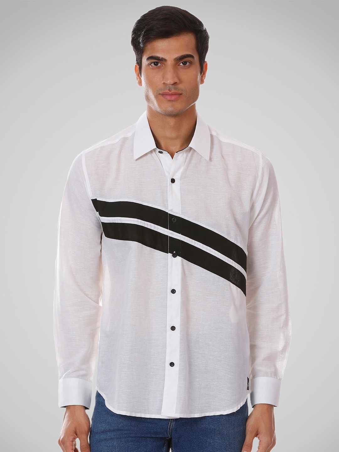 

SHIRT THEORY Men White Comfort Horizontal Striped Casual Shirt
