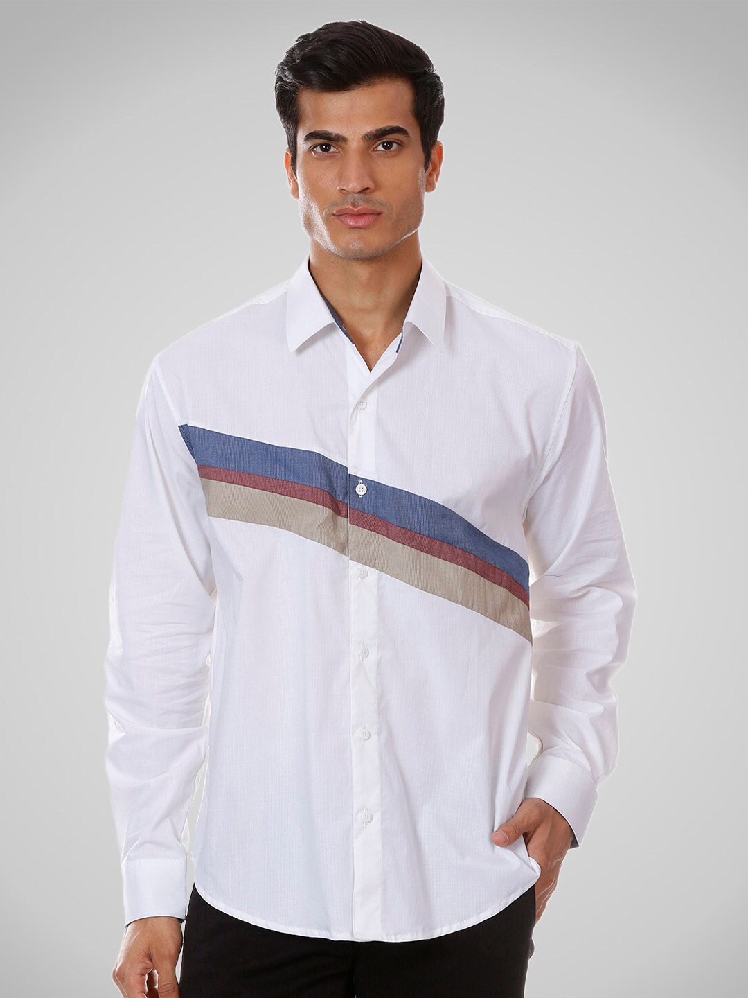

SHIRT THEORY Men White Comfort Horizontal Stripes Striped Casual Shirt
